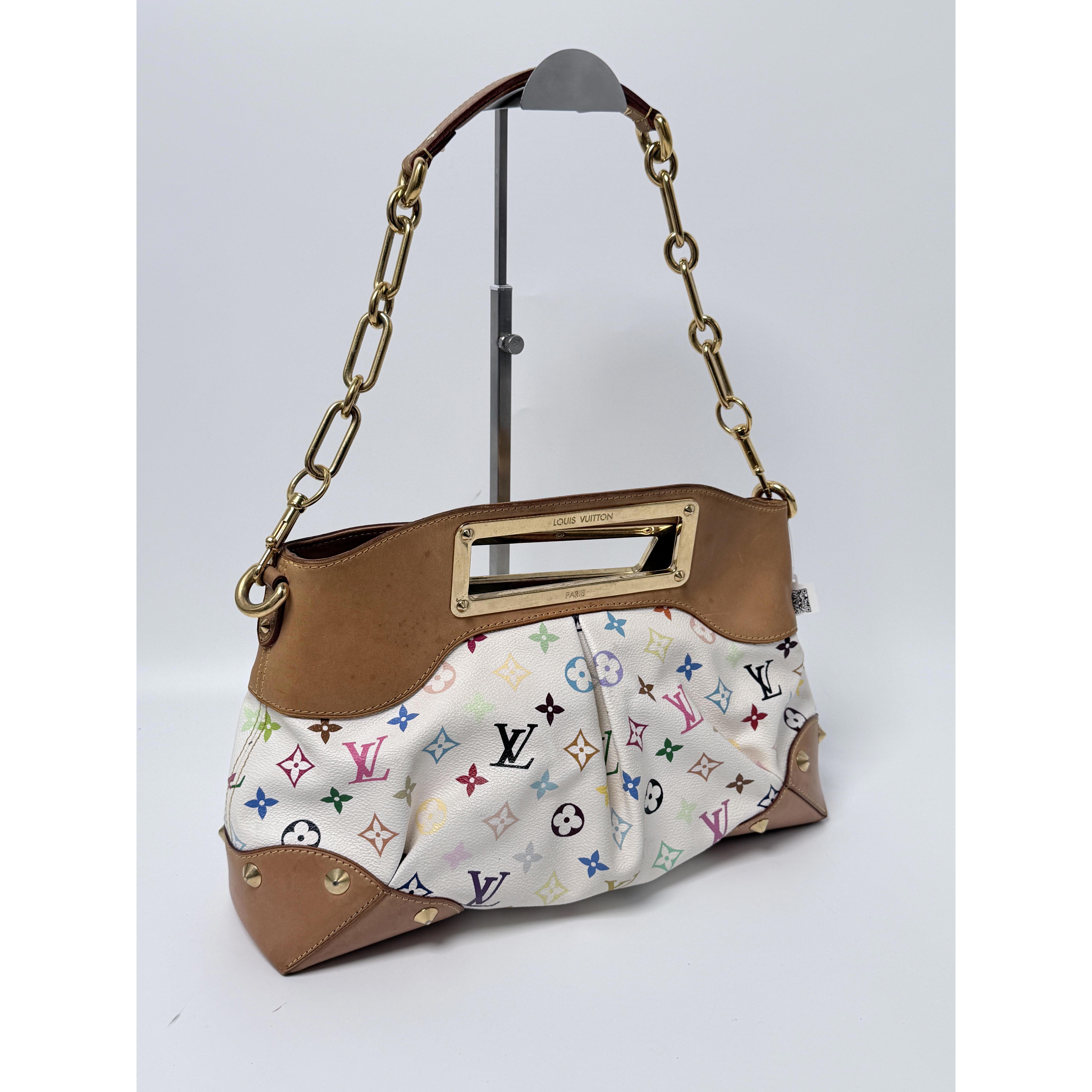 Pre-owned Louis Vuitton Canvas Shoulder Bags Monogram Multicolore Judy MM Chain Shoulder Handbag White JA449LV