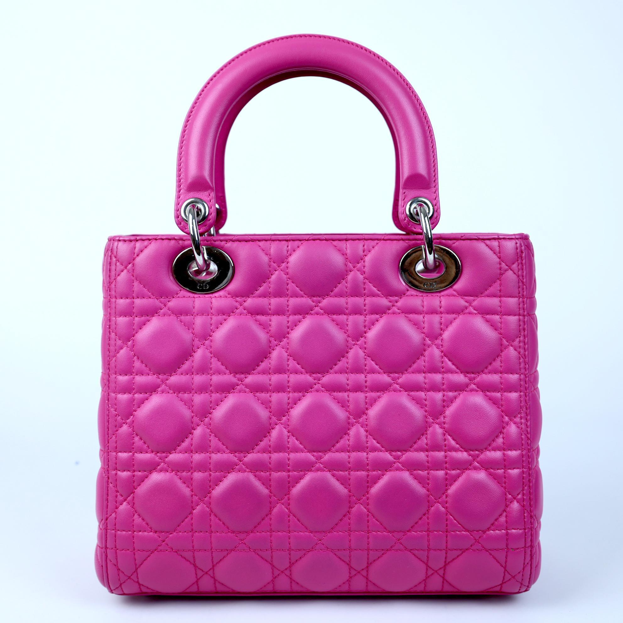 Pre-owned Dior leather Tote Bags Lady Medium Flap Bag Rose Pink Lambskin Silver Hardware DR11 15BO1122 XH 2012 98% New Authenticated