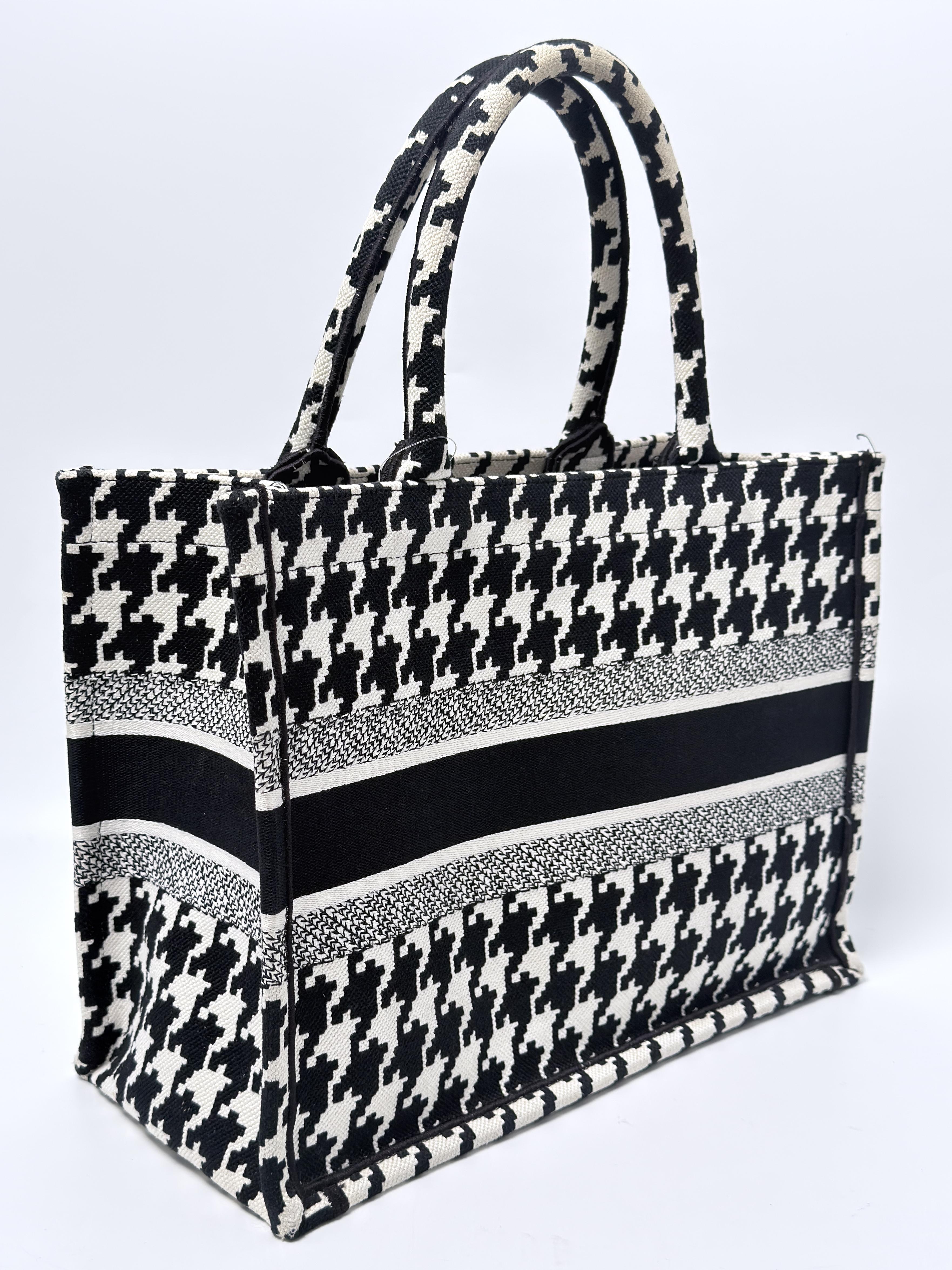 Book Tote Bag Medium Houndstooth Black White Handle Handbag ZS031CD