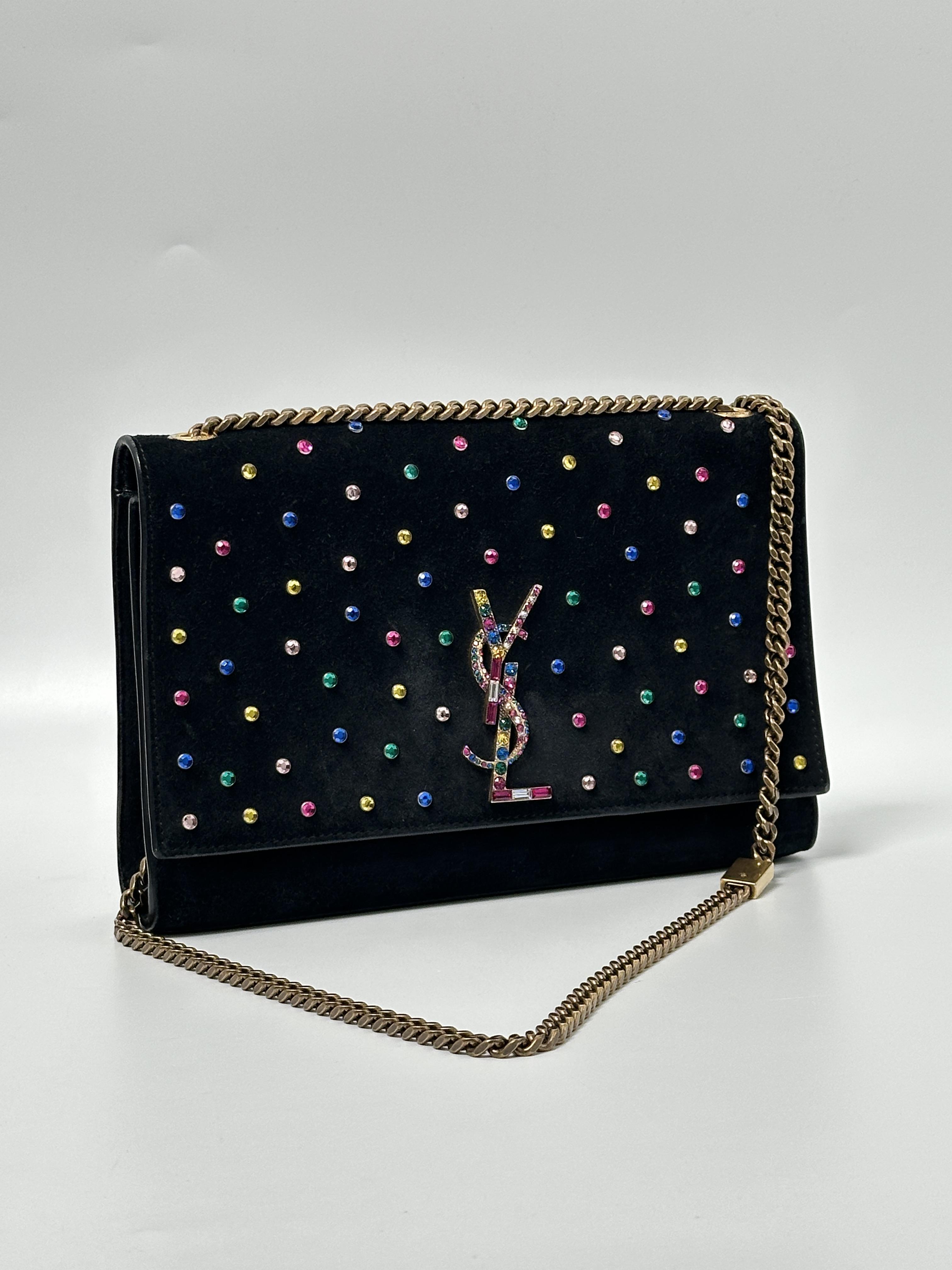 Saint Laurent Multicolor Crystal & Black Velvet Kate Flap Bag JD922Y