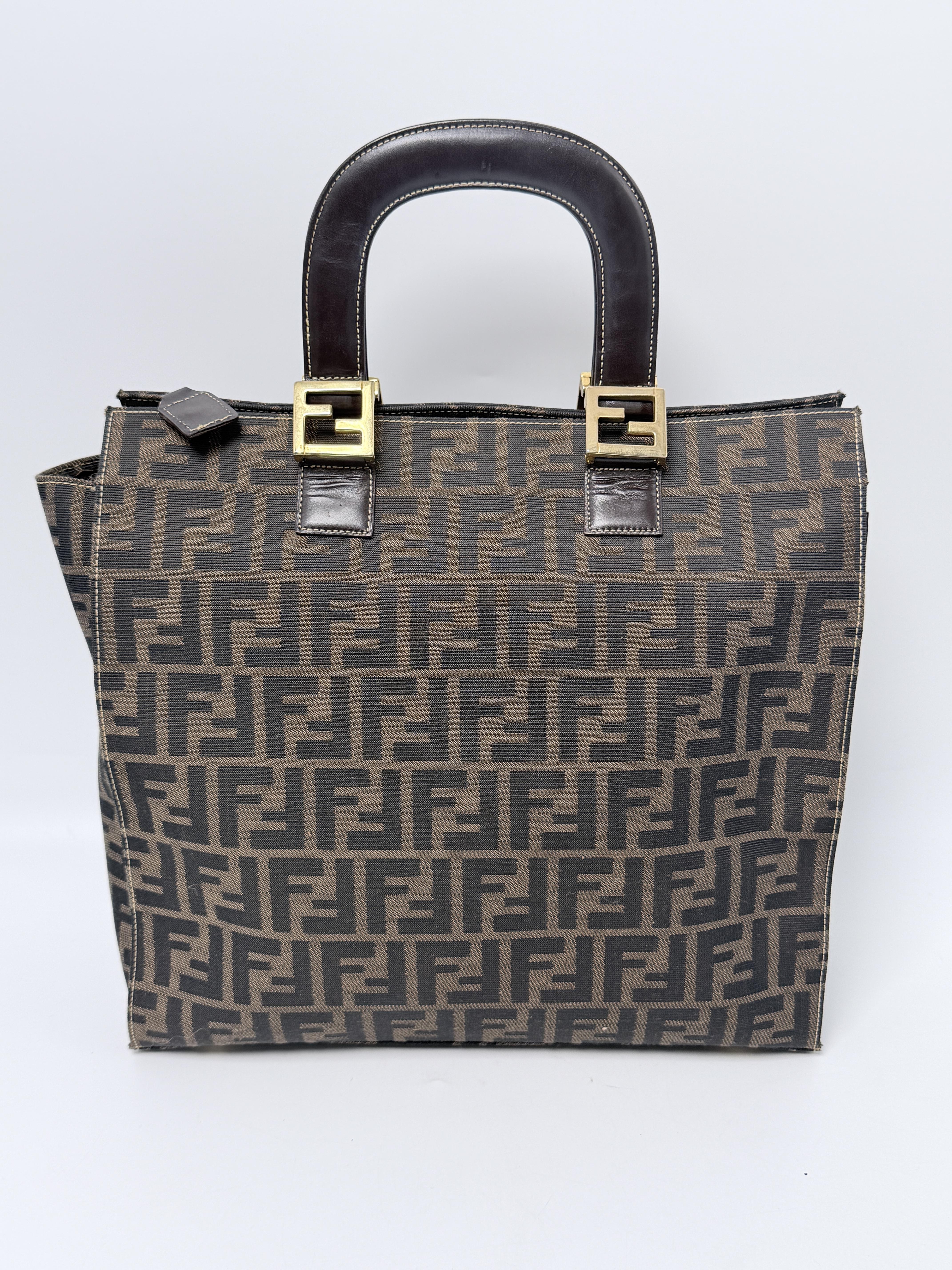 Vintage Zucca Square Tote Bag Brown Leather Top Handle Gold Hardware XU004FD