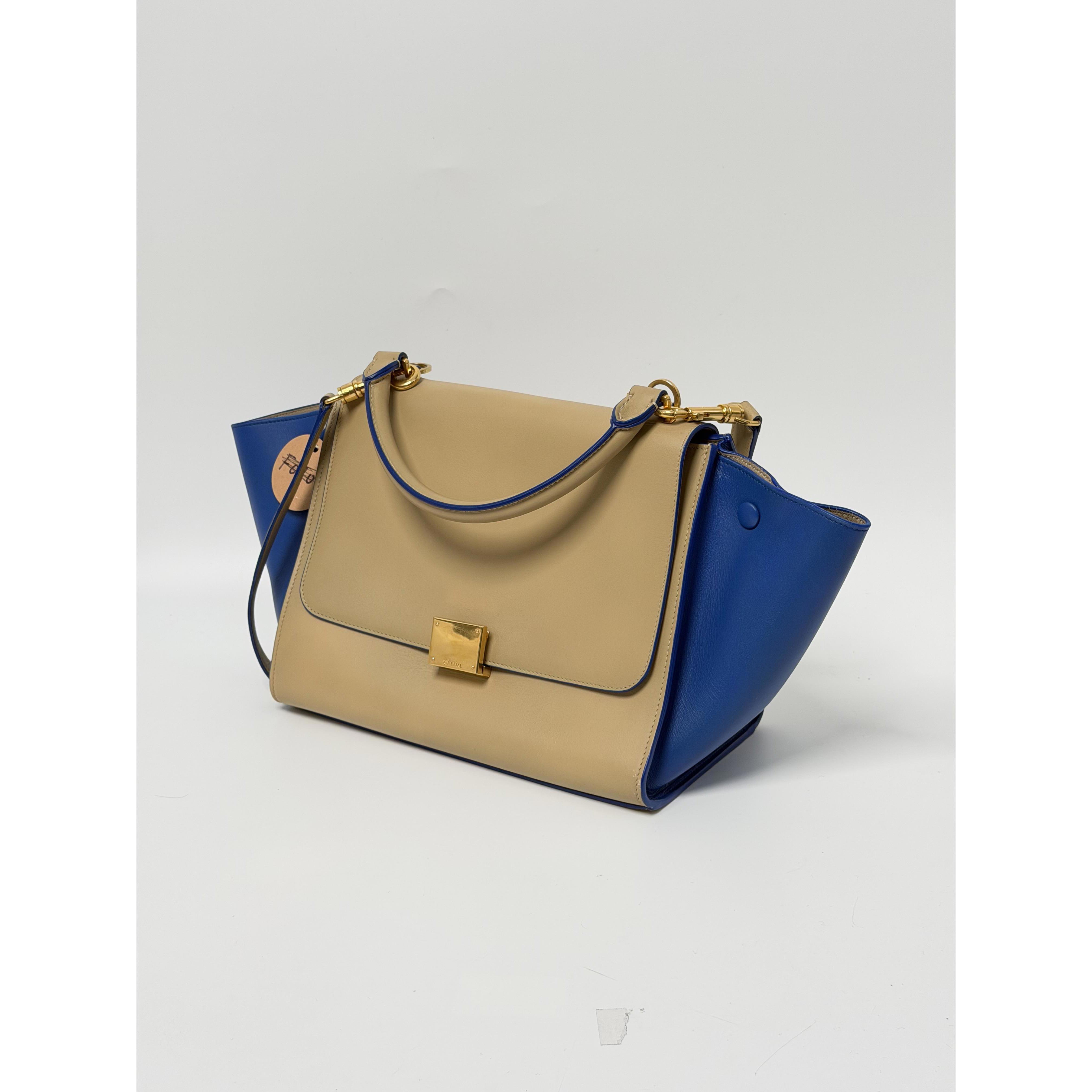 Pre-owned Celine leather Shoulder Bags Bi Color Trapeze Top Handle Handbag Shoulder Bag Beige Cobalt Blue P001CE
