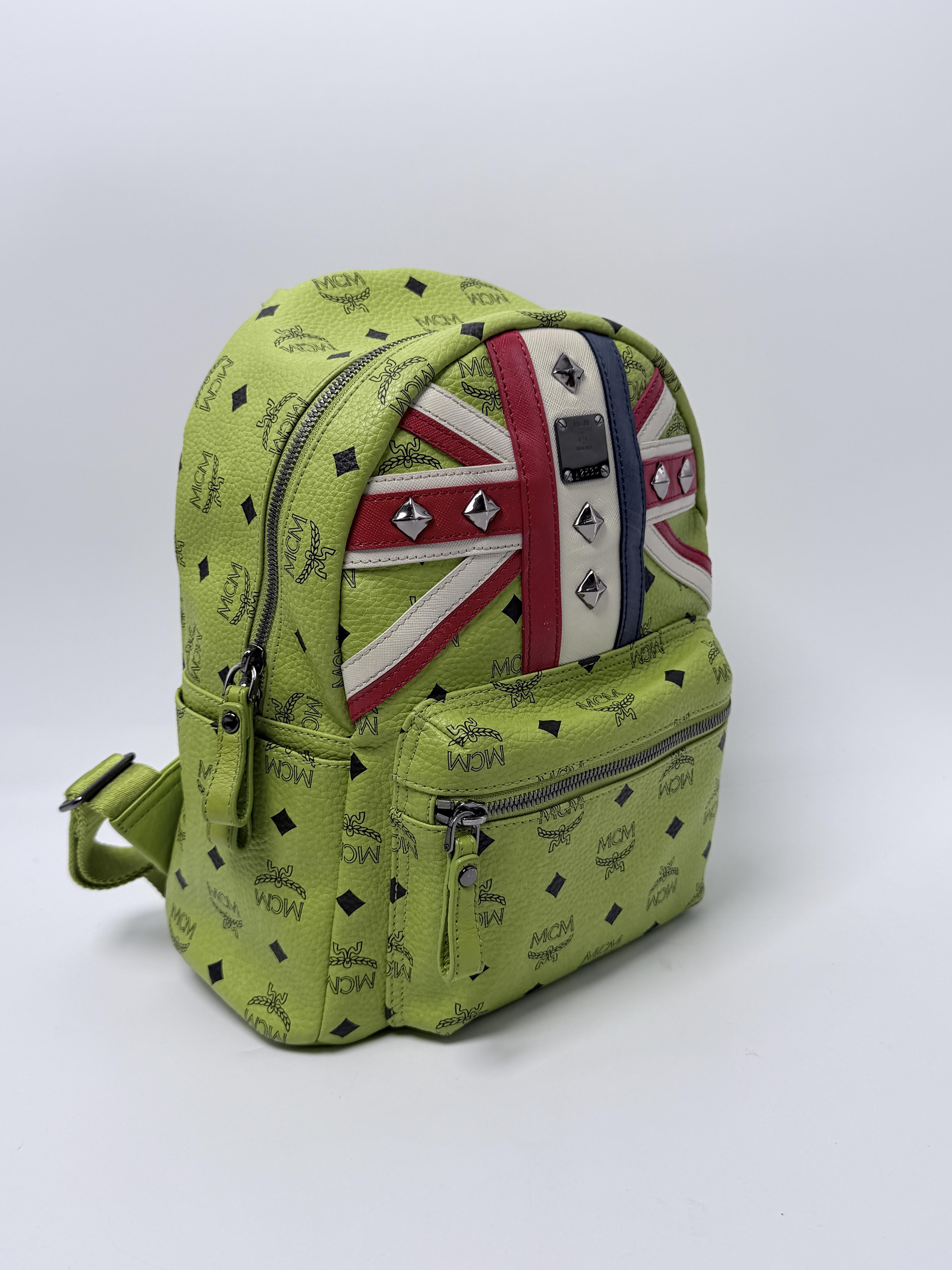 Stark Backpack Union Jack Studded Lime Green Visetos Small Bookbag JD1620MCM