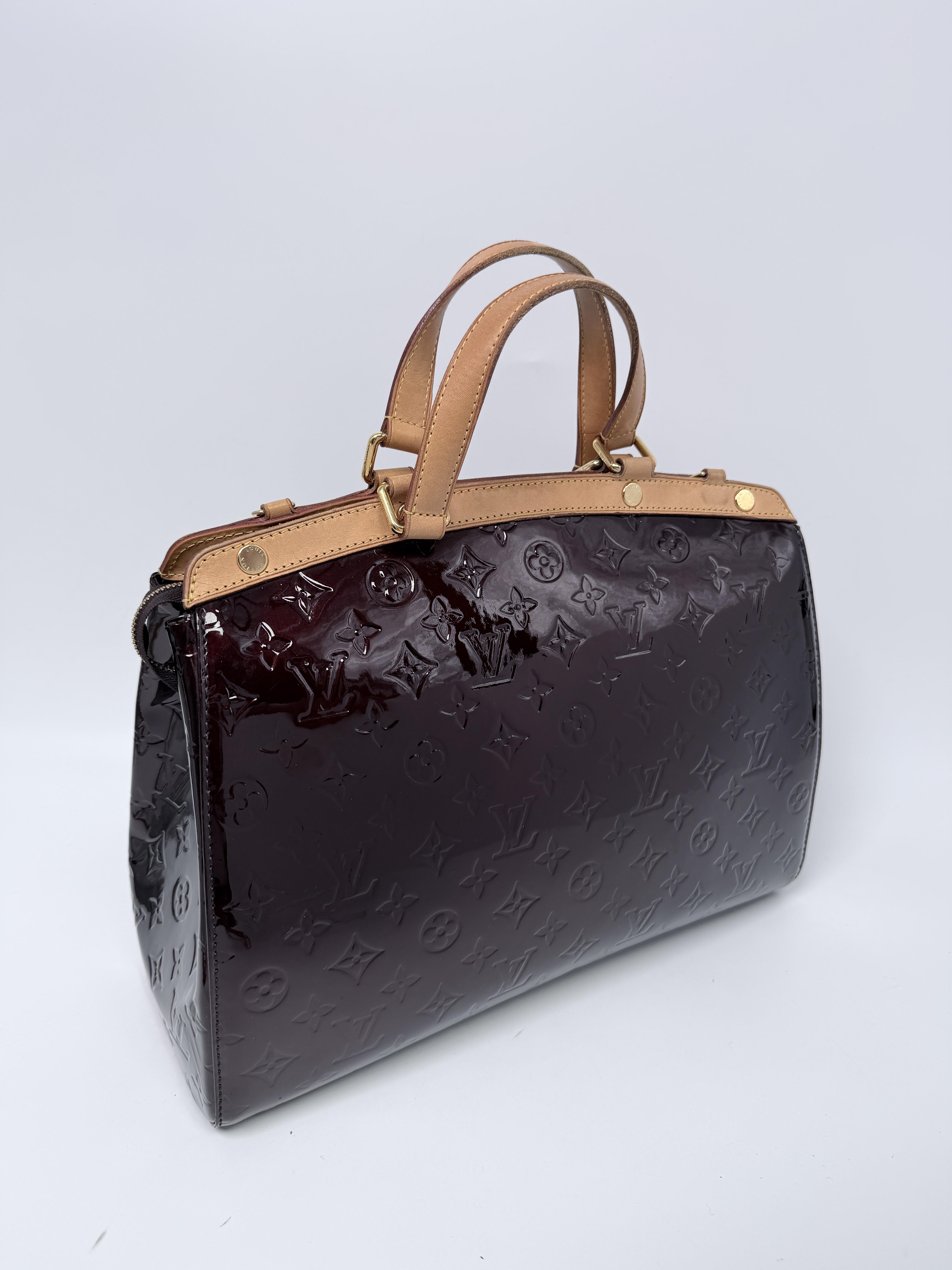 Pre-owned Louis Vuitton leather Shoulder Bags Brea GM Monogram Vernis Amarante Satchel Bag JA783LV