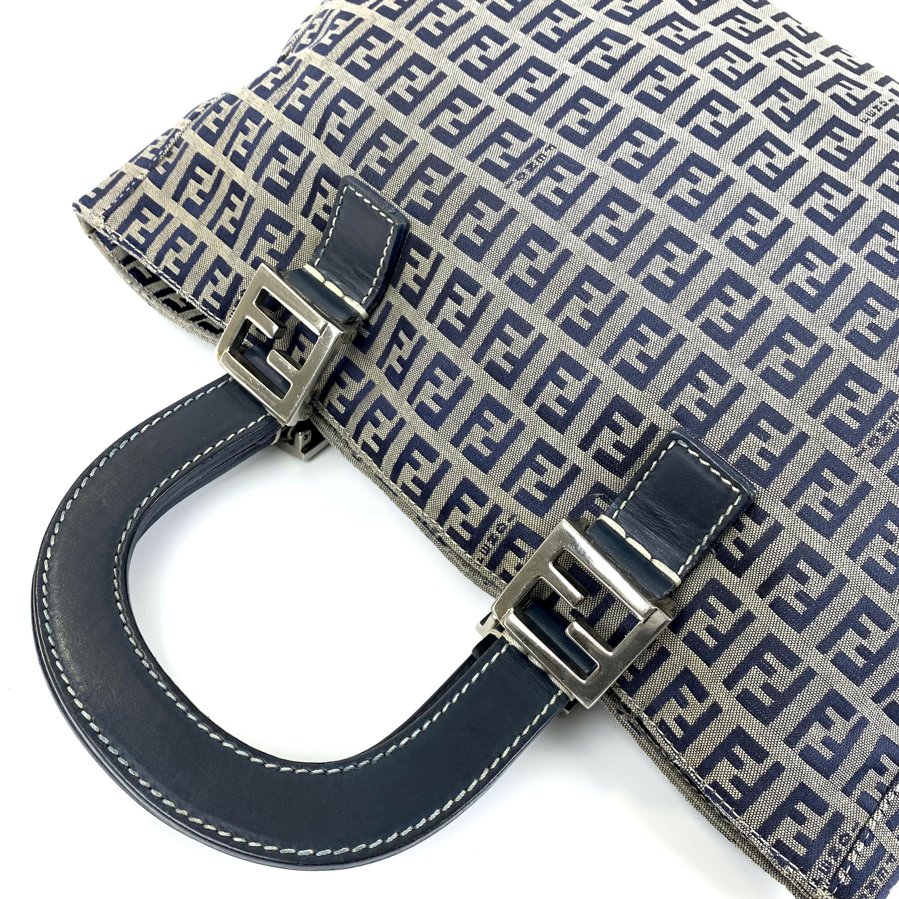 Pre-owned FENDI Canvas Tote Bags Authentic Fendi Classic Navy Blue Vintage Pattern Handheld Tote Bag SH232
