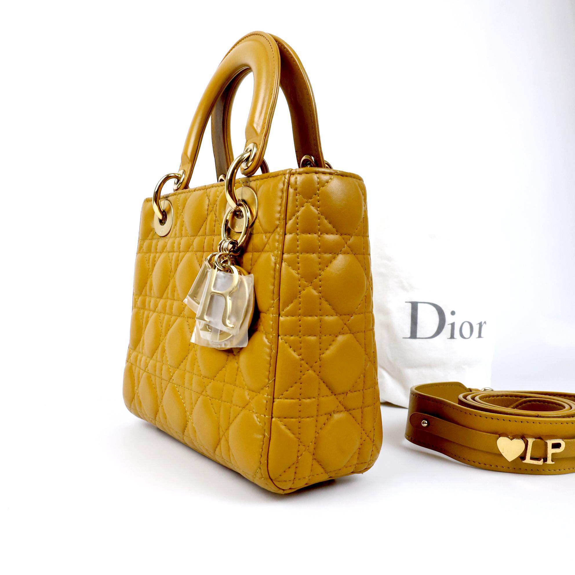 Pre-owned Dior leather Tote Bags Lady Small Flap Bag (Buttercup Yellow Lambskin, Gold Hardware with Customizable Charms) DR14 18 MA 0169 XH