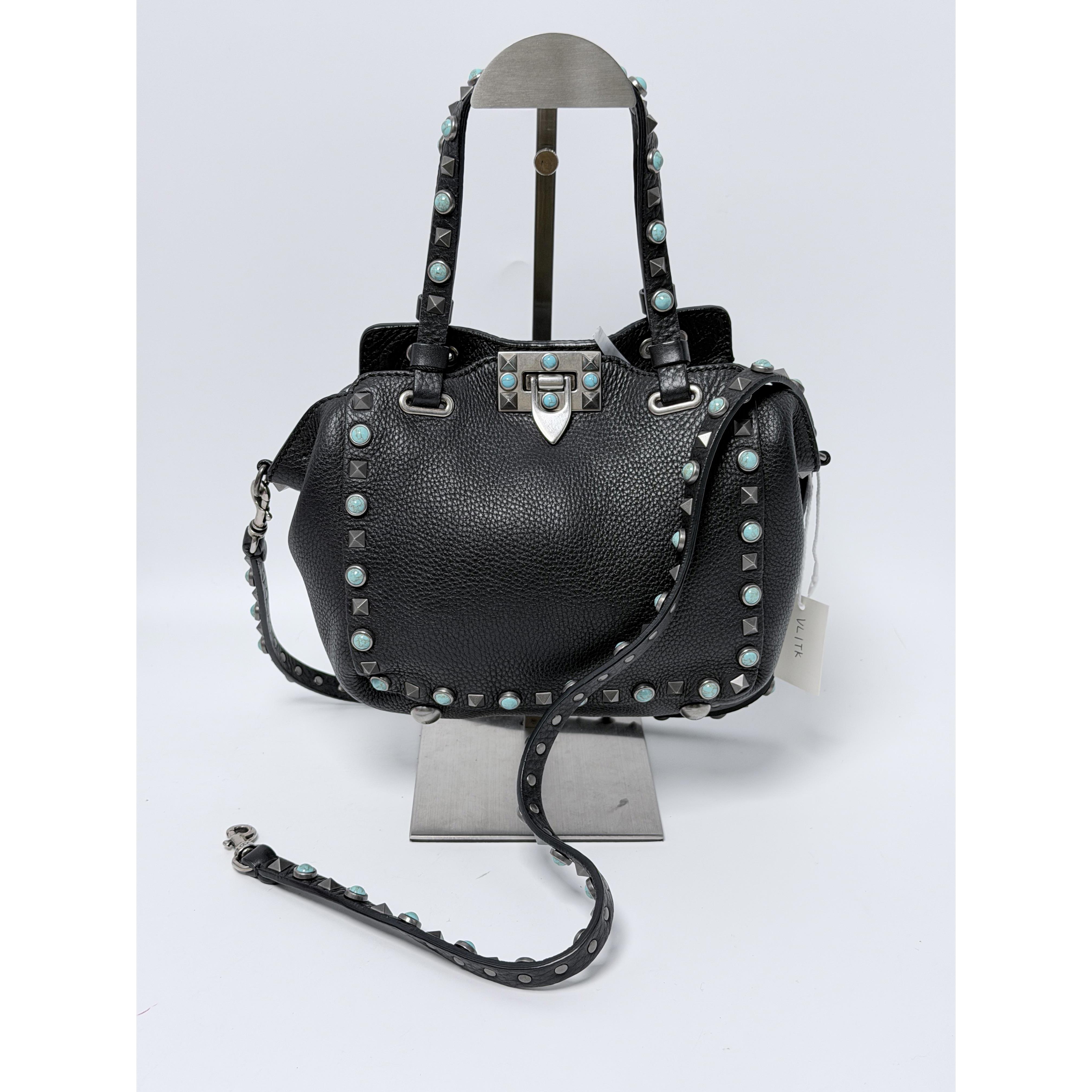 Pre-owned Valentino Leather Tote Bags Rockstud Rolling Micro Tote Bag Crossbody Shoulder Handbag Black VL1TK
