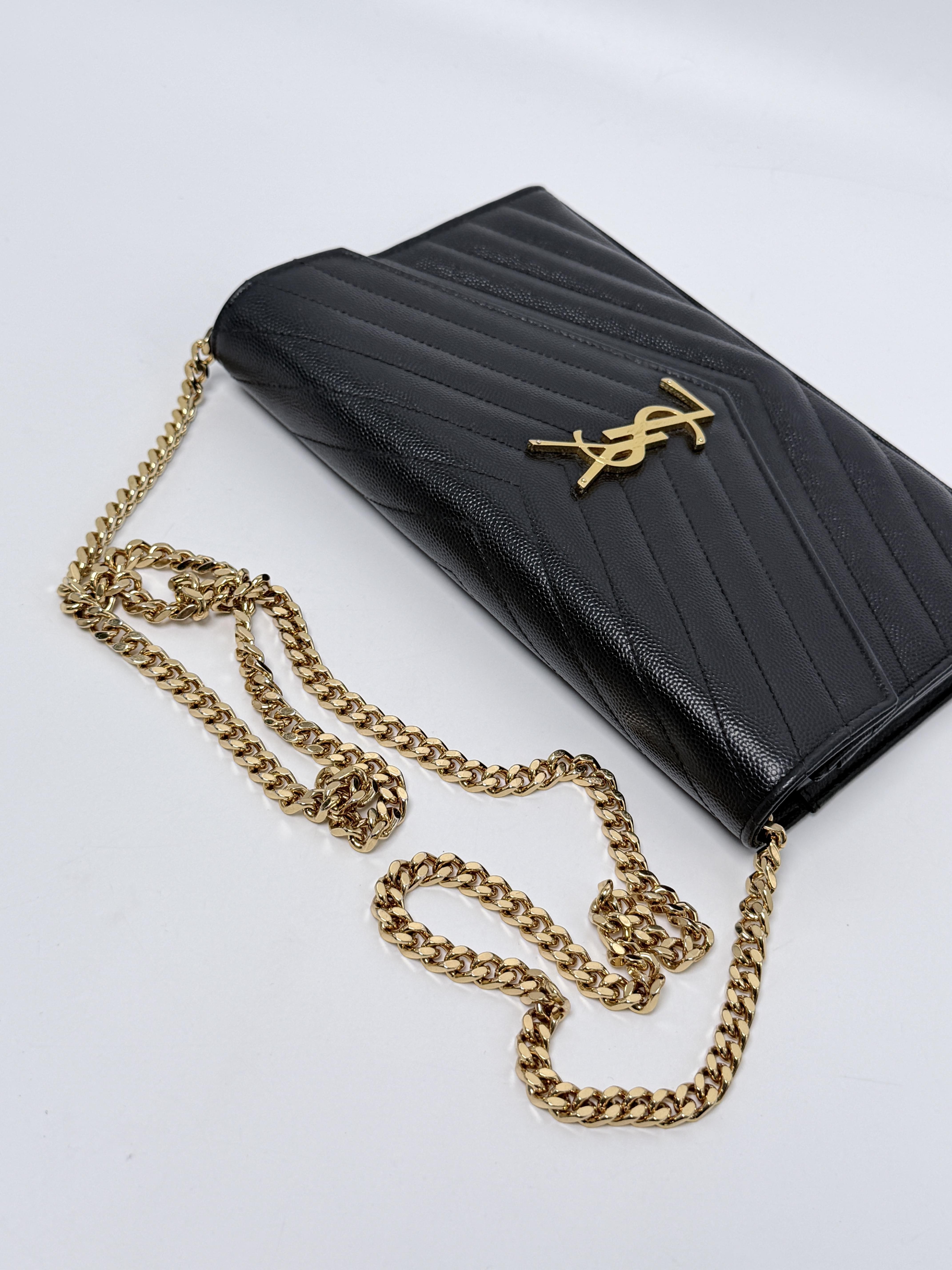 Saint Laurent Envelope Chain Grain de Poudre Shoulder Bag Clutch Black XU004YS