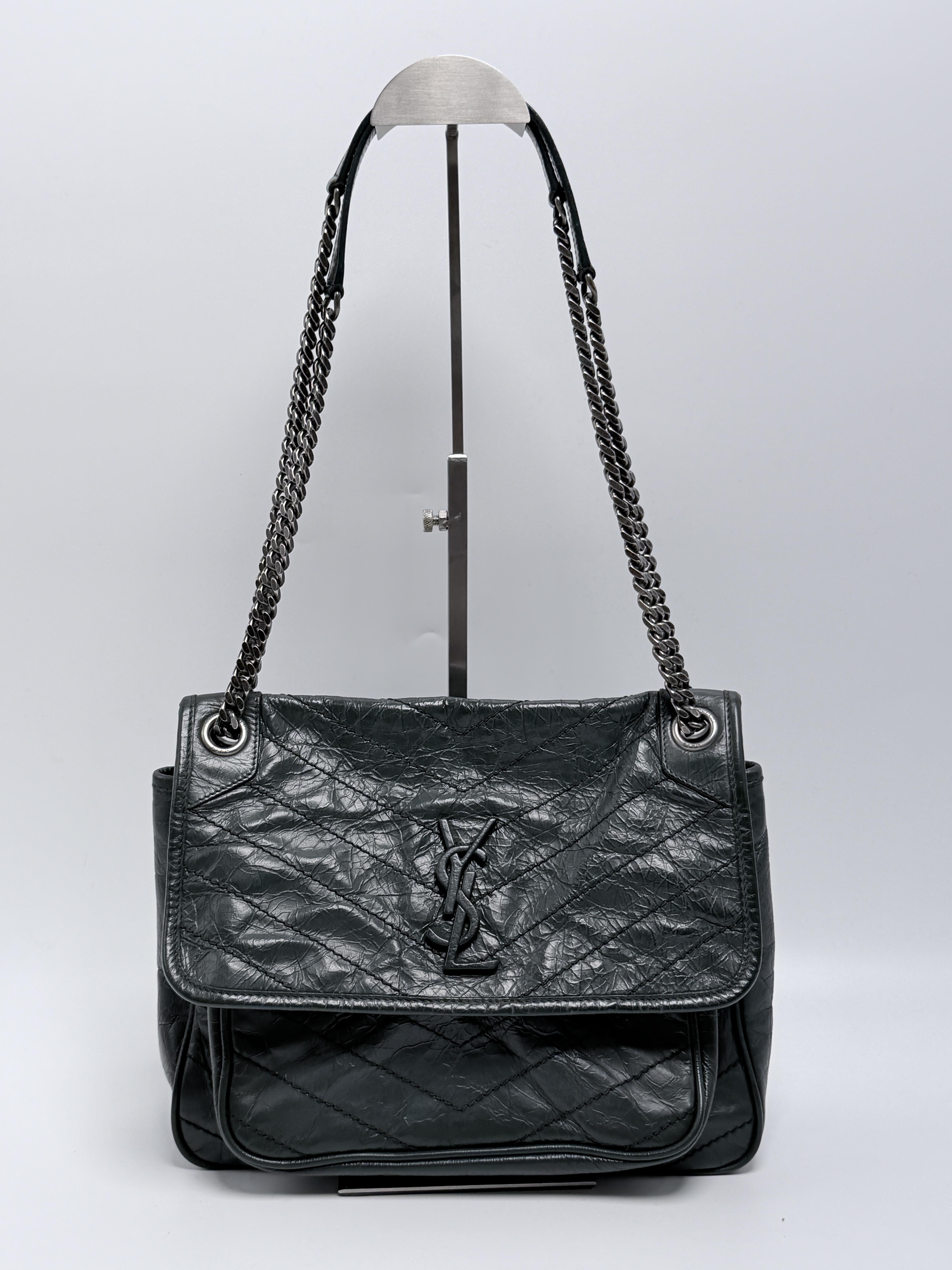 Pre-owned Yves Saint Laurent Leather Shoulder Bags Saint Laurent Niki Medium Chain Flap Bag Dark Green Crinkled Shoulder Handbag JD547Y