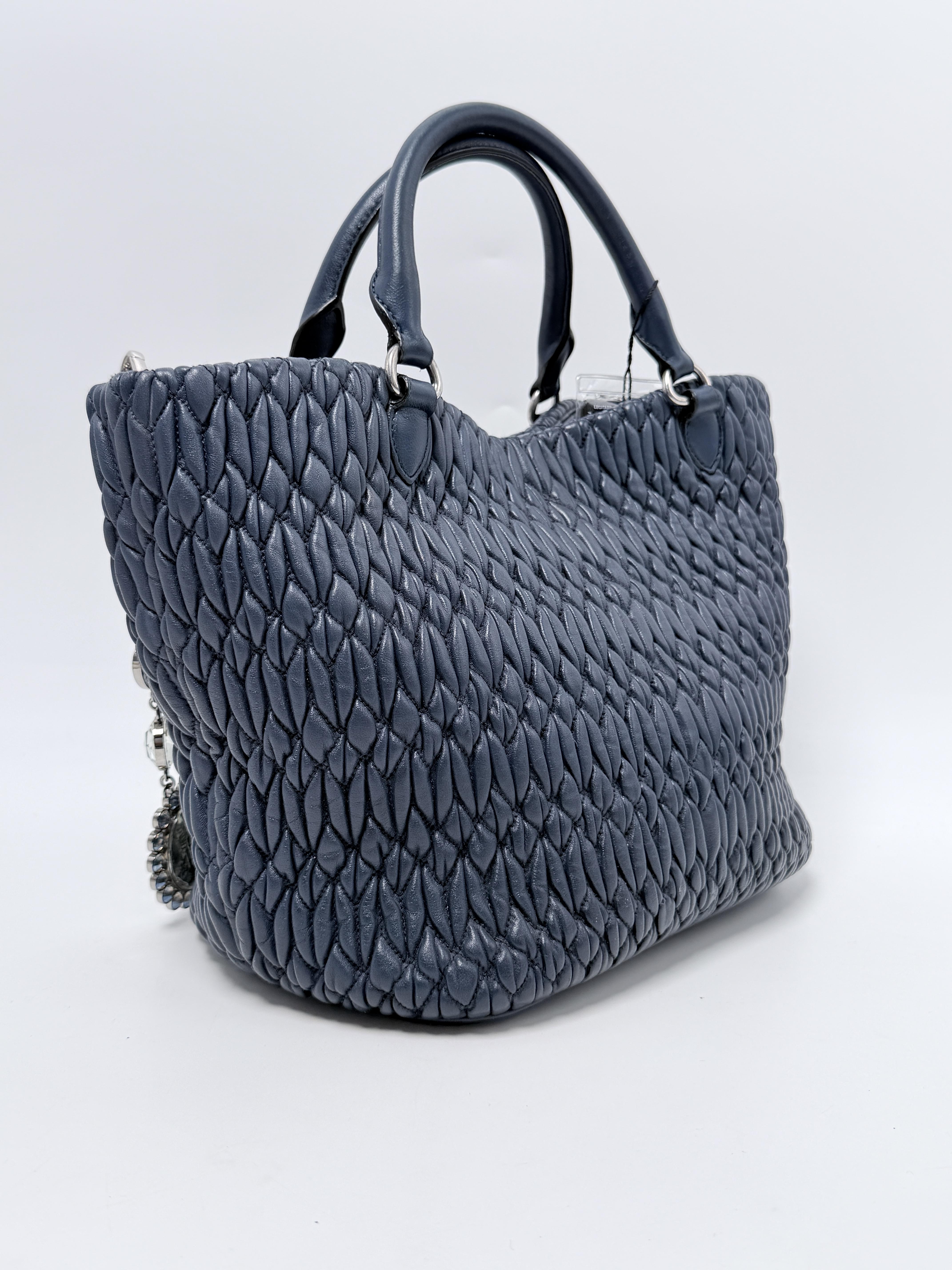 Matelasse Nappa Crystal Chain Satchel Tote Bag Navy JD1362MM