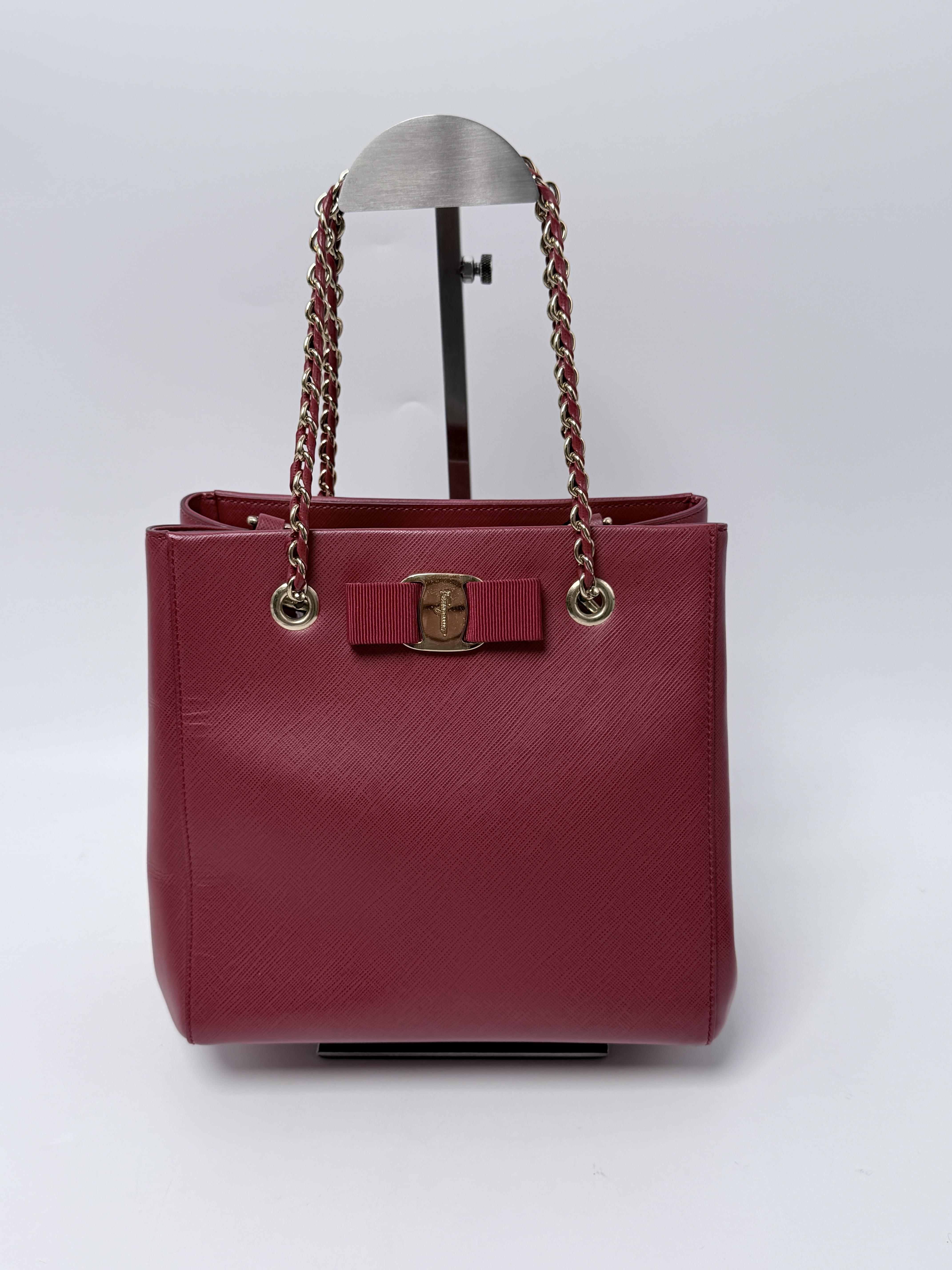 Authentic Vara Bow 2WAY Chain Tote Shoulder Bag Bordeaux Red JD1516FG