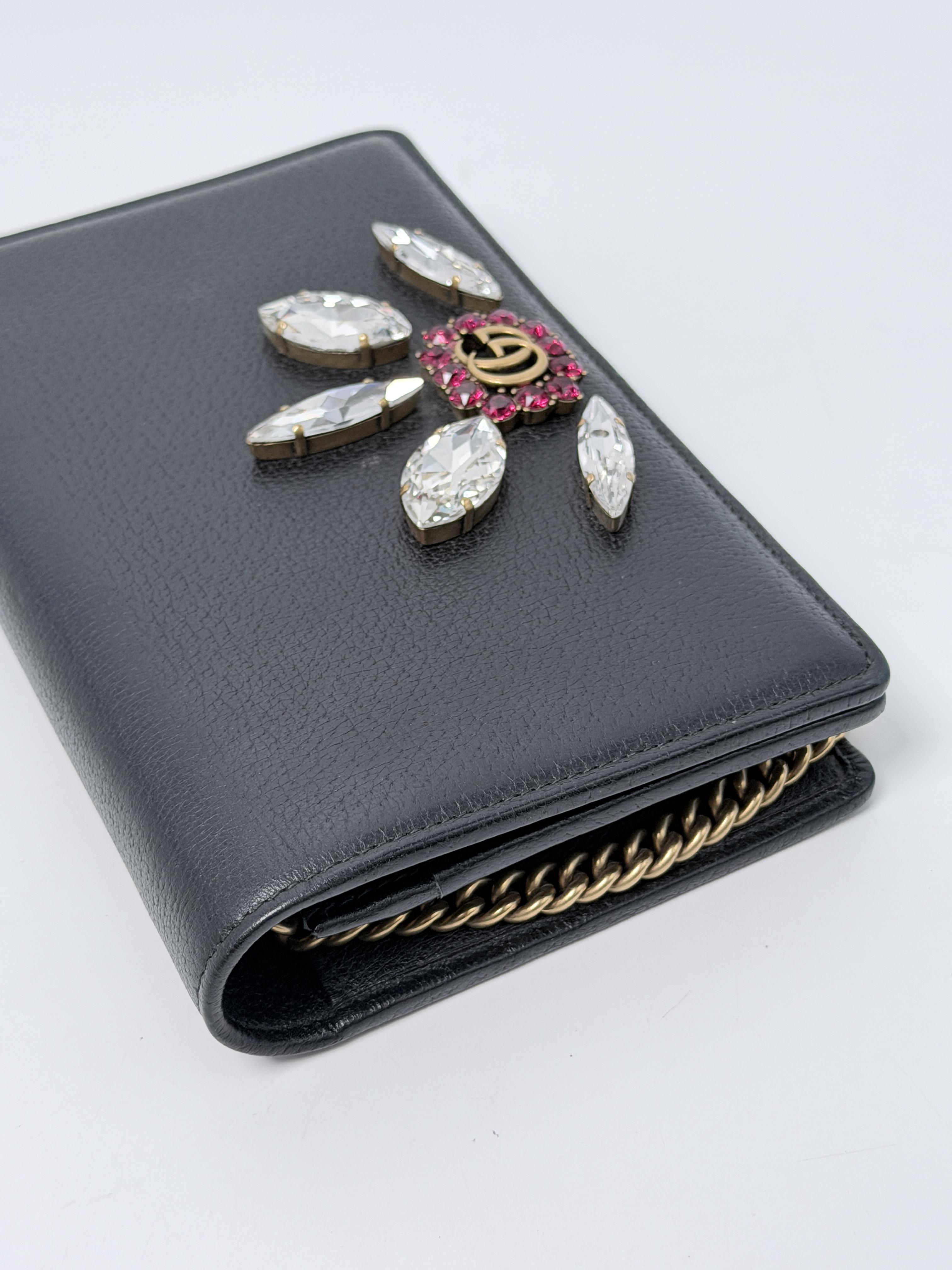 GG Marmont Wallet on Chain Crystal Embellished Flower Black Bag JD1158GG