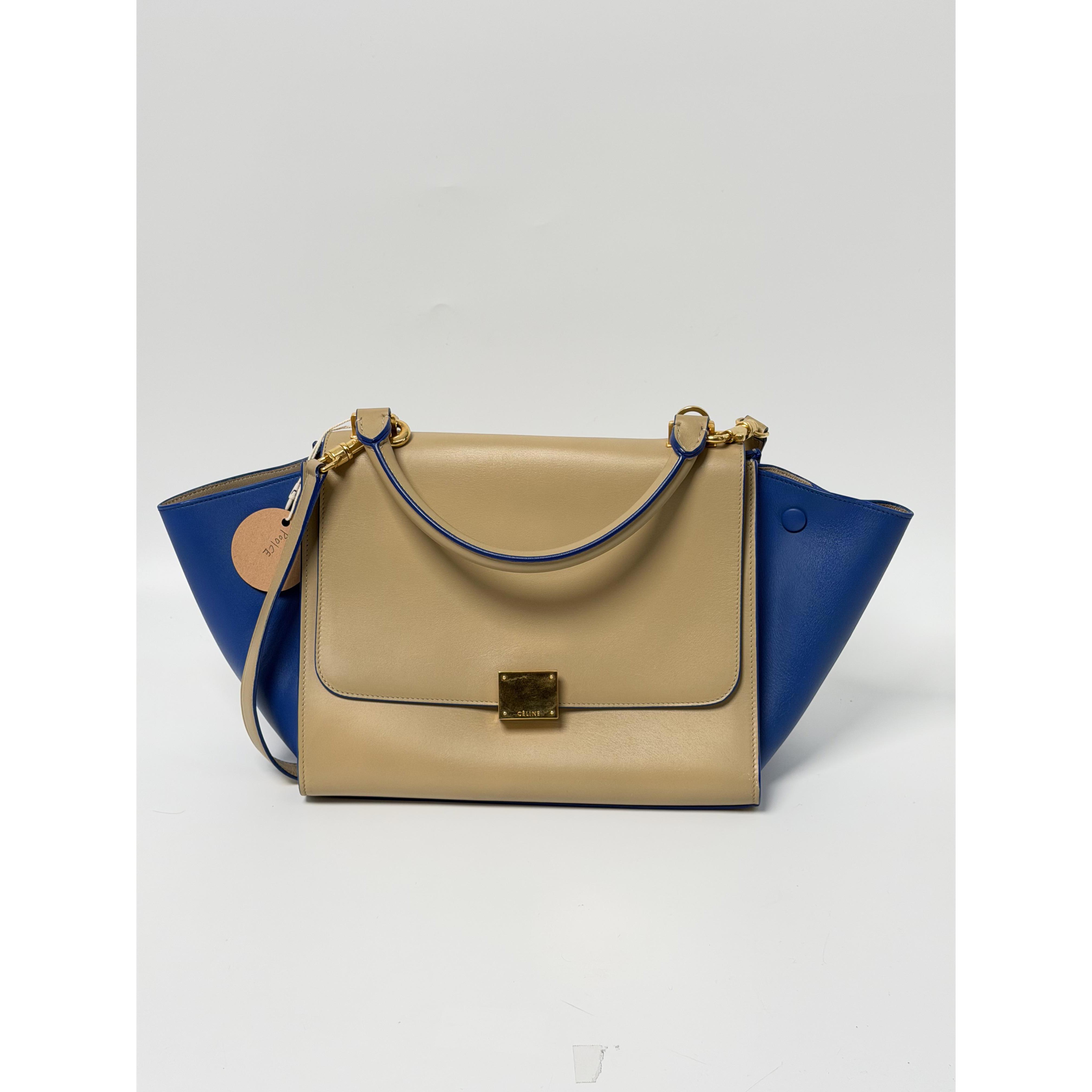 Pre-owned Celine leather Shoulder Bags Bi Color Trapeze Top Handle Handbag Shoulder Bag Beige Cobalt Blue P001CE