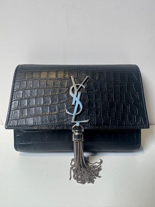 Pre-owned Yves Saint Laurent Leather Shoulder Bags YSL Authentic Saint Laurent Monogram Kate Tassel Bag Black Croc Embossed YSJX70