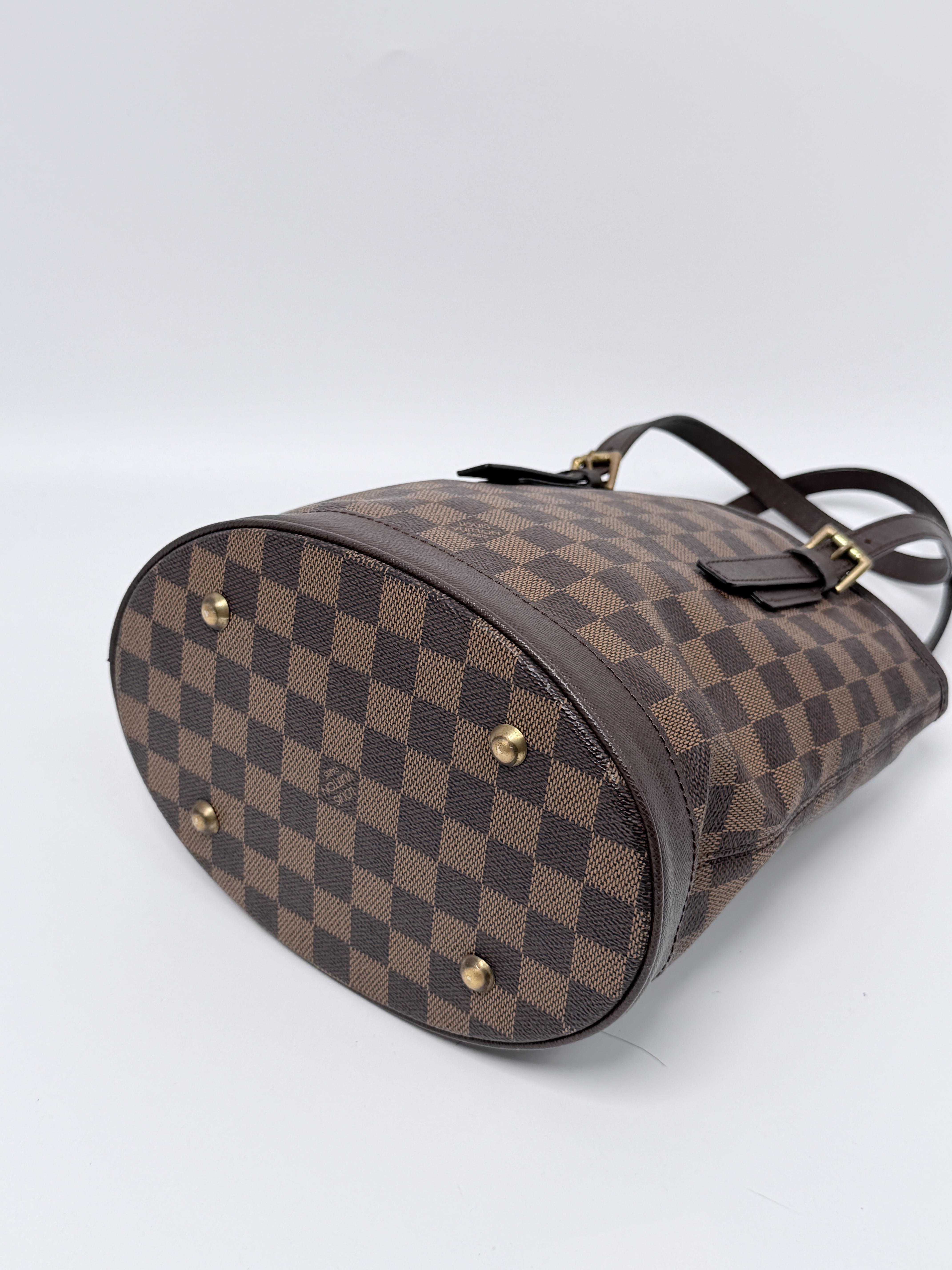 Pre-owned Louis Vuitton Canvas Shoulder Bags Damier Ebene Bucket PM Tote Bag Brown Shoulder Bag LV Drawstring Bucket JX337LV