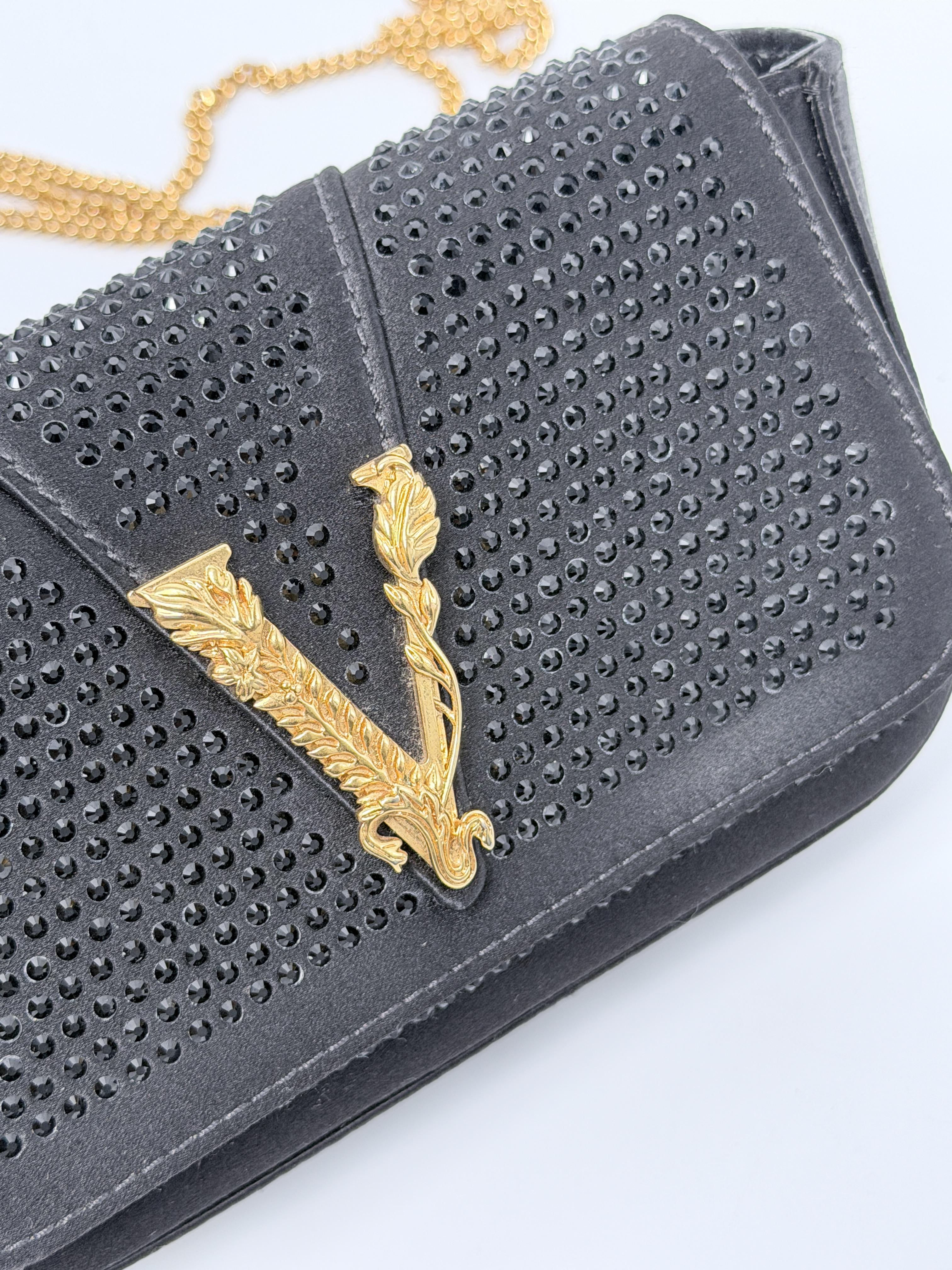 Virtus Barocco Crystal Embellished Flap Crossbody Clutch Bag Black Gold JD1372VS
