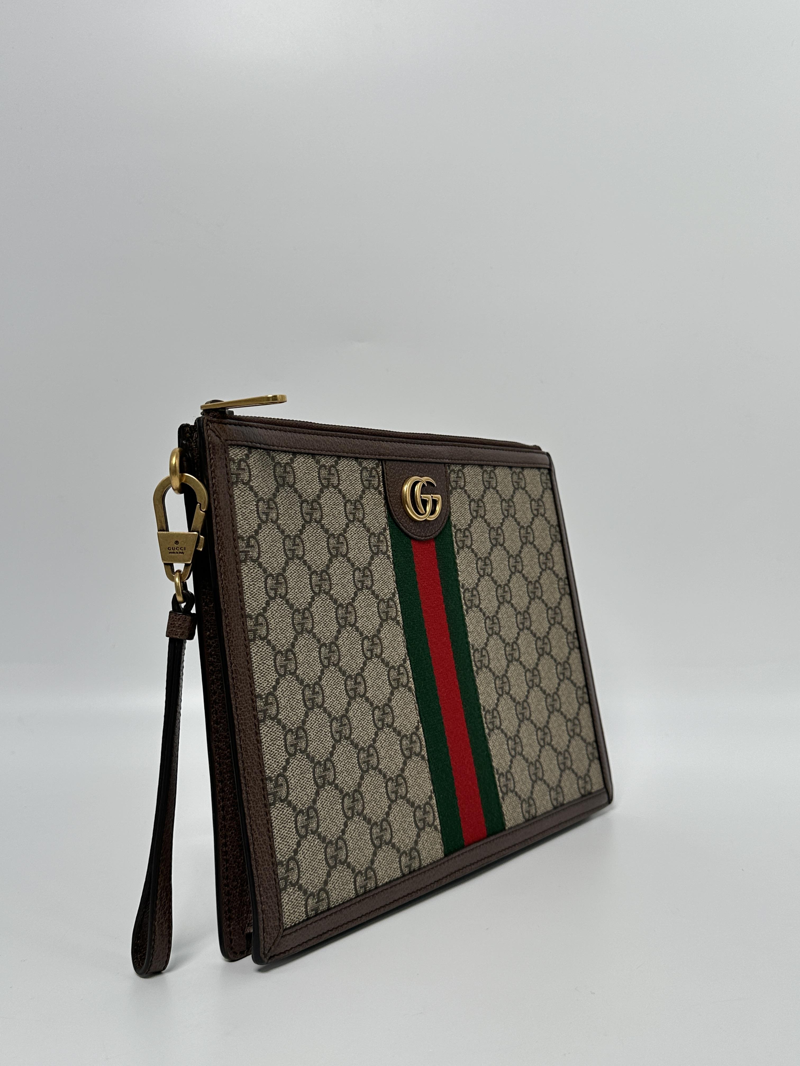 Pre-owned GUCCI Canvas Clutches & Wristlets Ophidia Pouch GG Supreme Brown Web Zipper Clutch Bag JD835GG