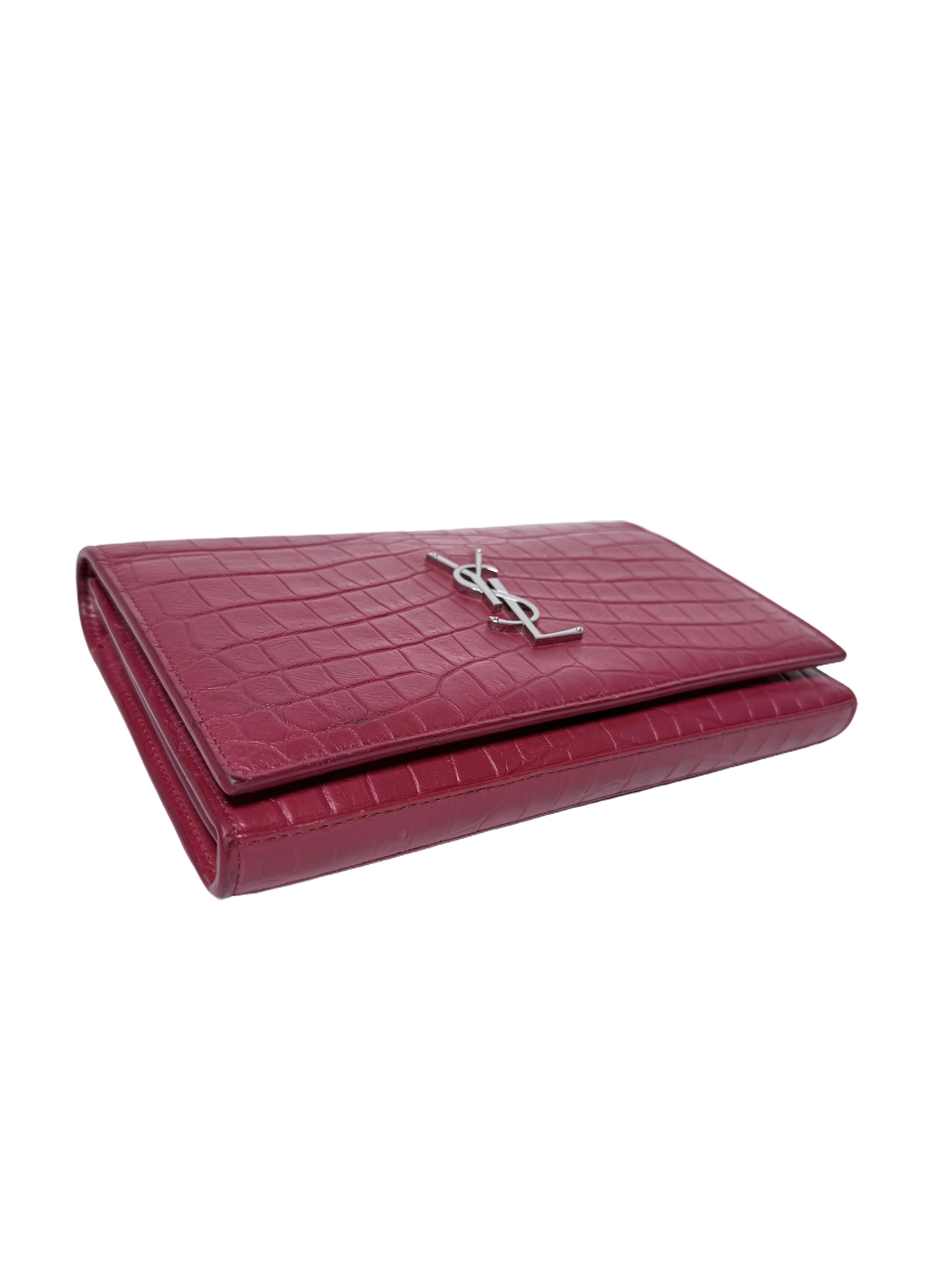 Pre-owned Yves Saint Laurent Leather Shoulder Bags Authentic Saint Laurent YSL Monogram Kate Tassel Chain Crossbody Clutch Fluo Pink Croc Embossed JXYSL3