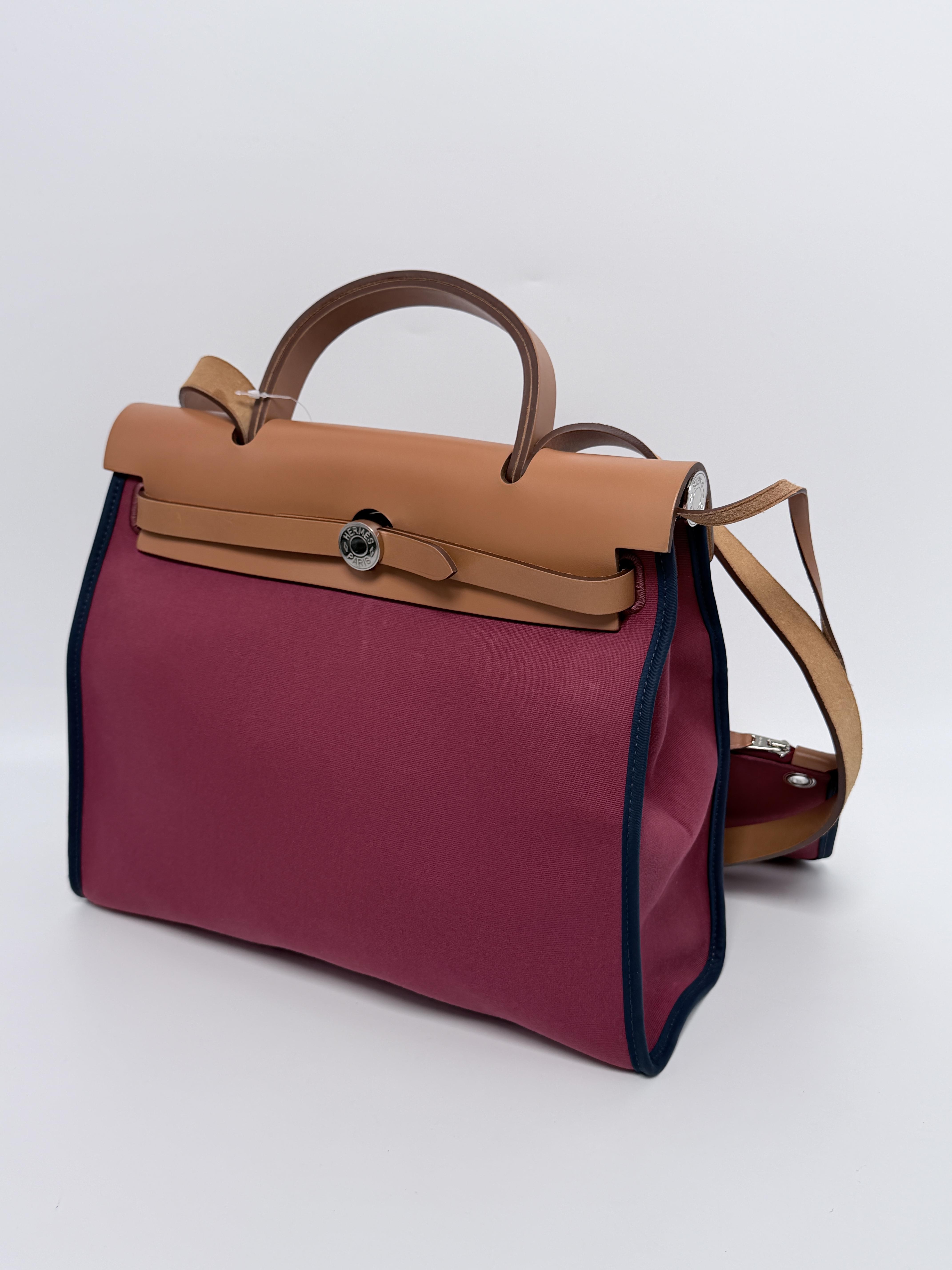 Pre-owned HERMÈS Textile body with structured trim Shoulder Bags Herbag Zip 31 Rouge H and Brown Two Way Shoulder Bag Top Handle Handbag ZS015HM