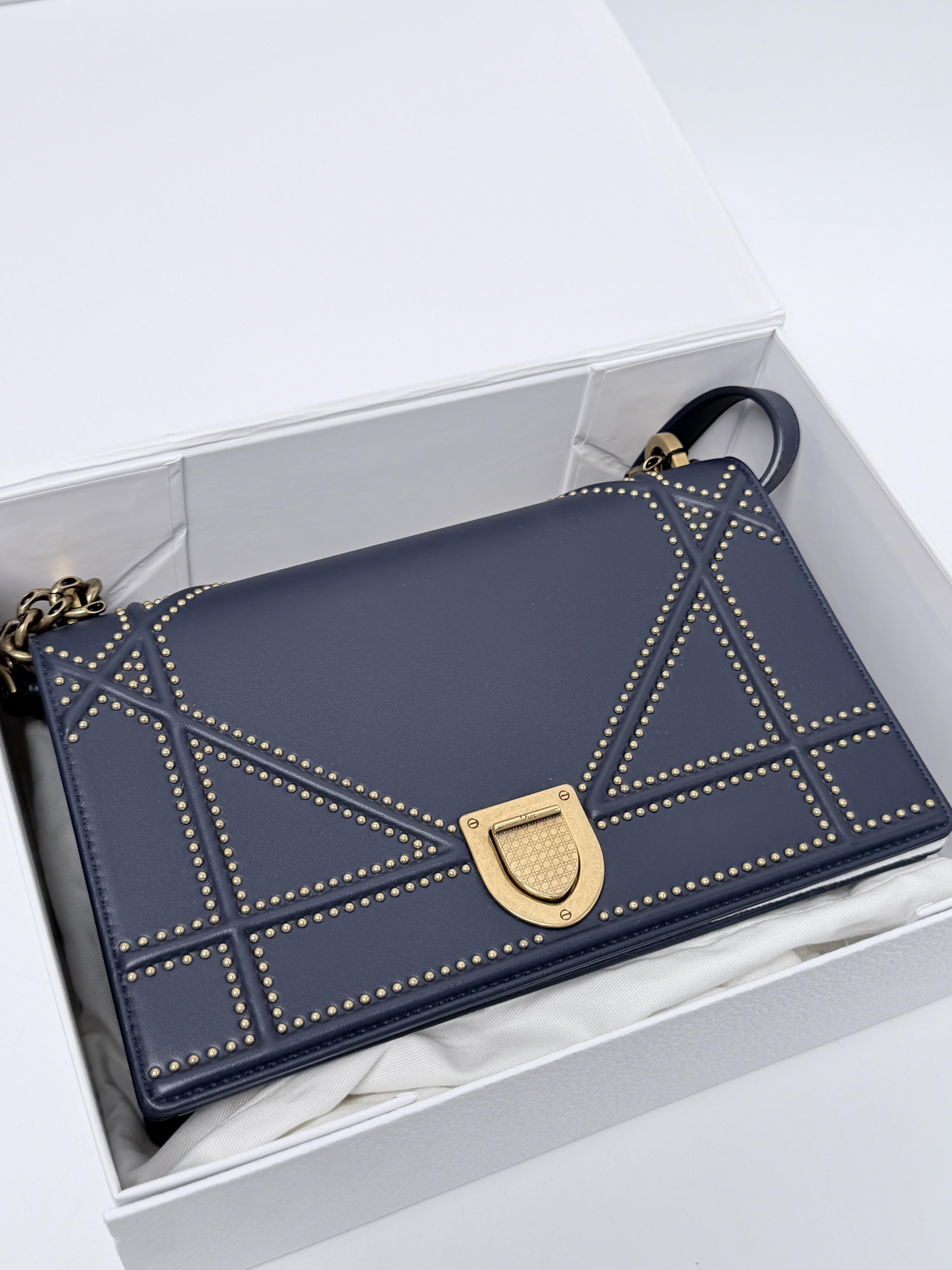 Christian Diorama Bag Navy Studded Chain Crossbody Shoulder Clutch JD1259DR