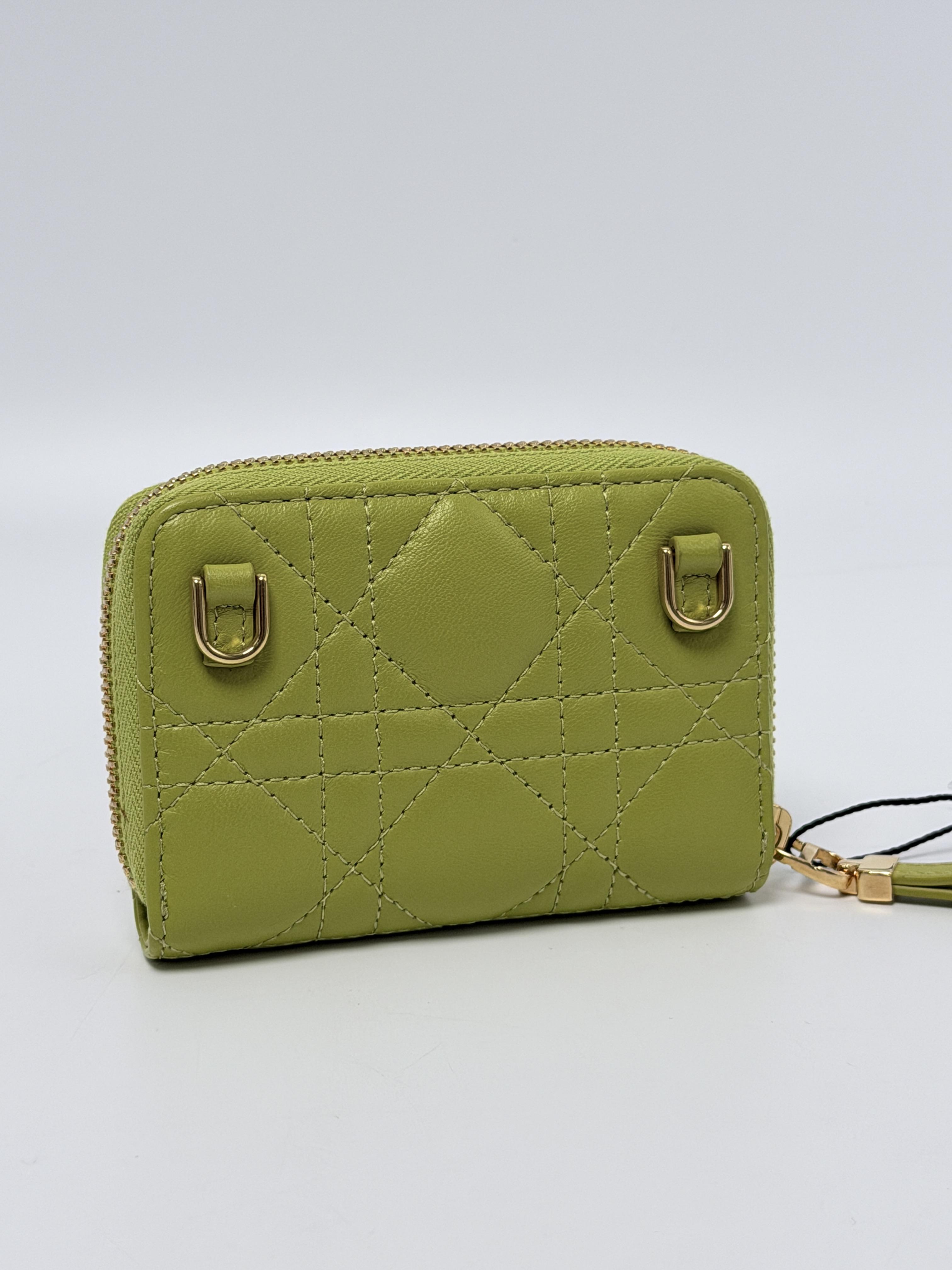 Christian Caro Zipped Coin Purse Lime Green Cannage Lambskin Wallet JD1225DR