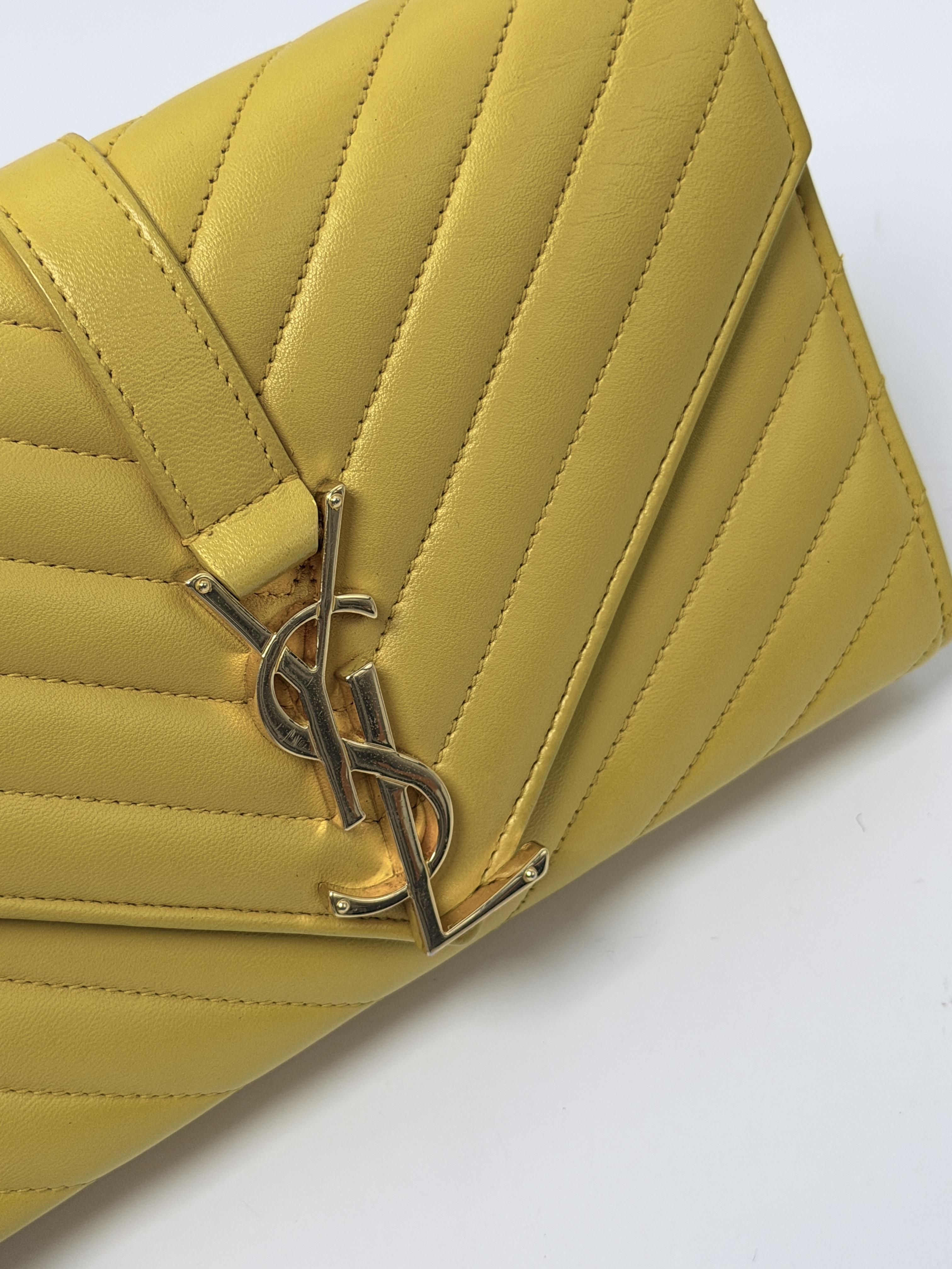 Saint Laurent Cassandre Matelasse Envelope Chain Wallet Mustard Yellow JD1521Y
