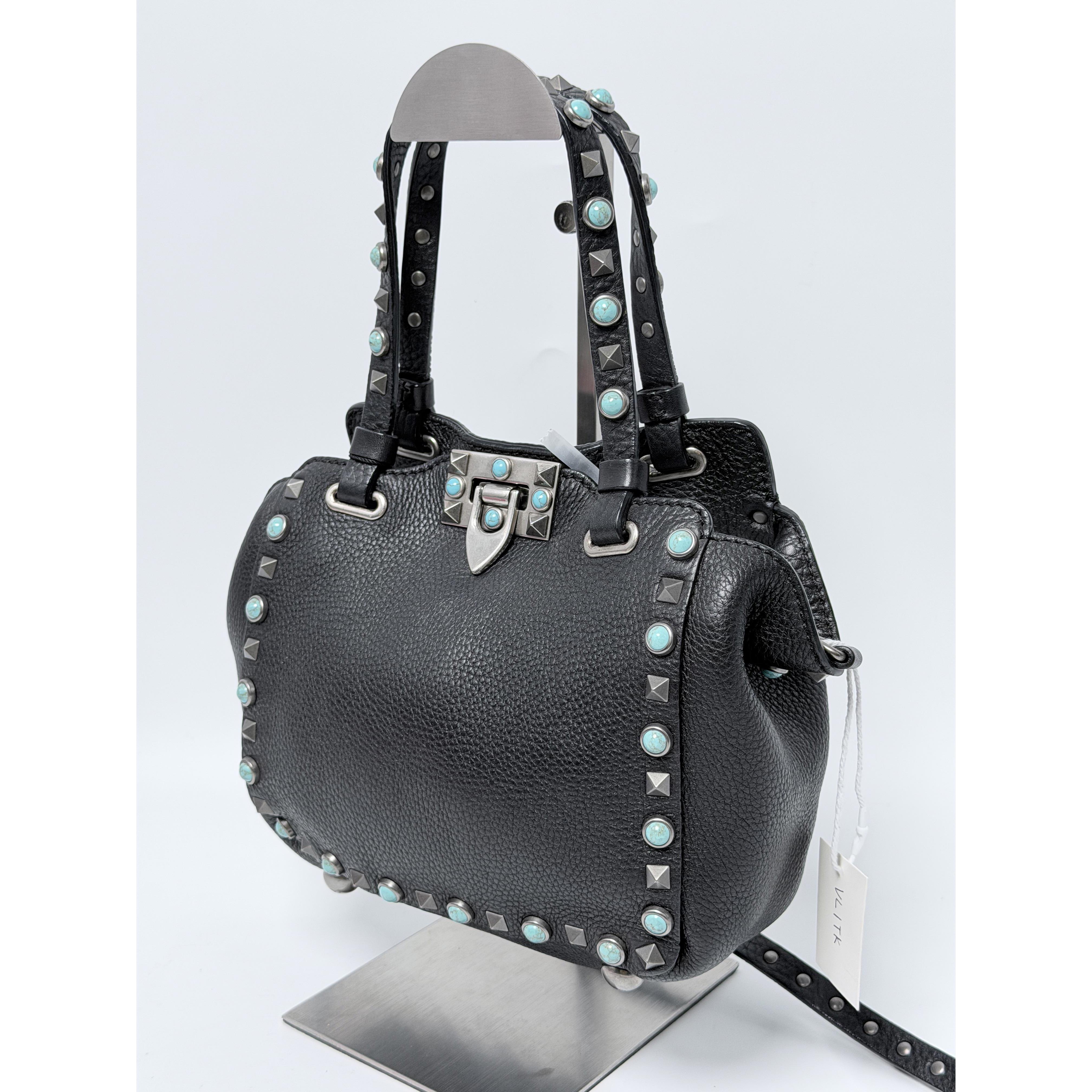 Pre-owned Valentino Leather Tote Bags Rockstud Rolling Micro Tote Bag Crossbody Shoulder Handbag Black VL1TK