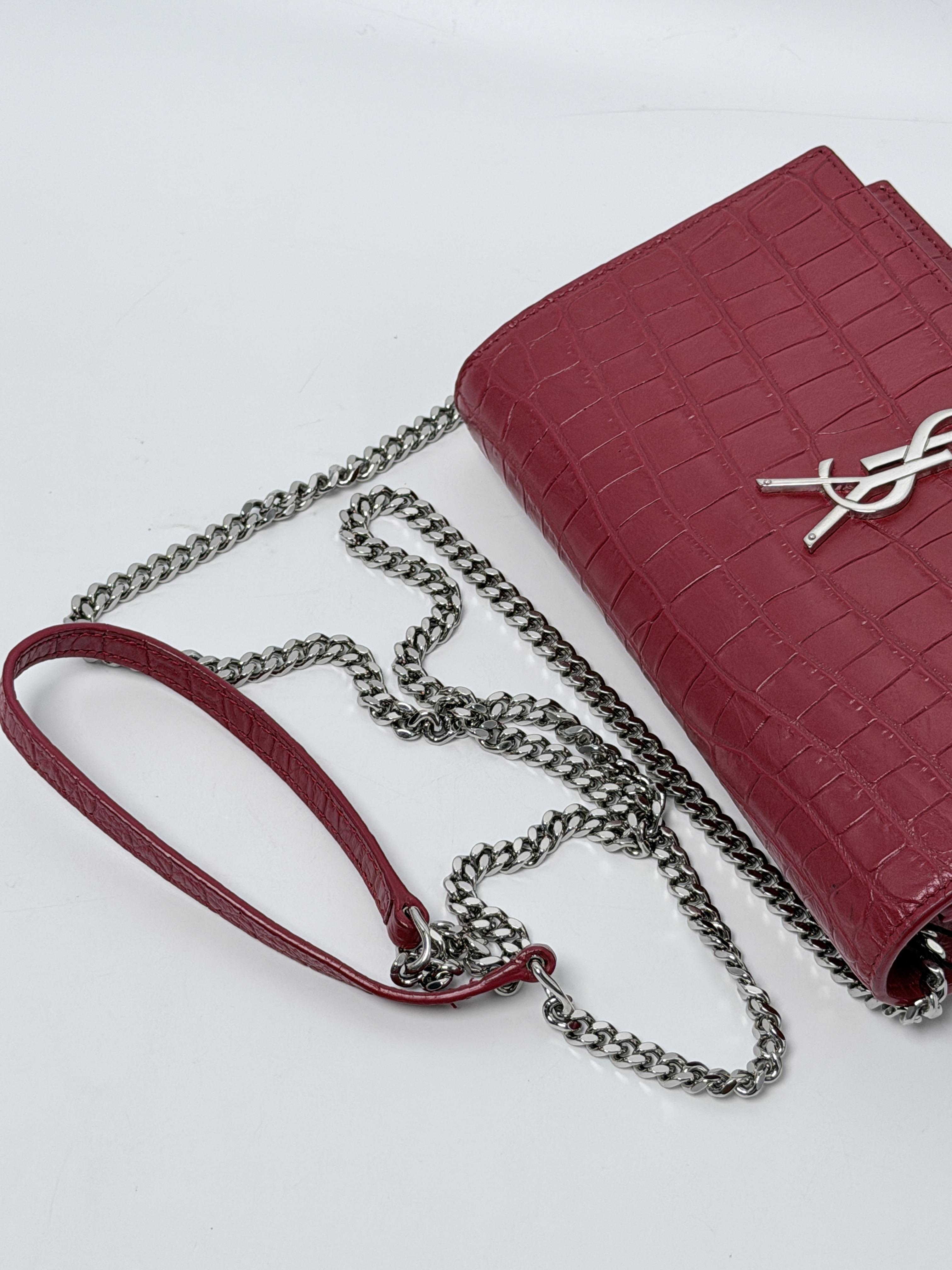 Saint Laurent Kate Small Tassel Crocodile Embossed Red Chain Bag JD1265Y