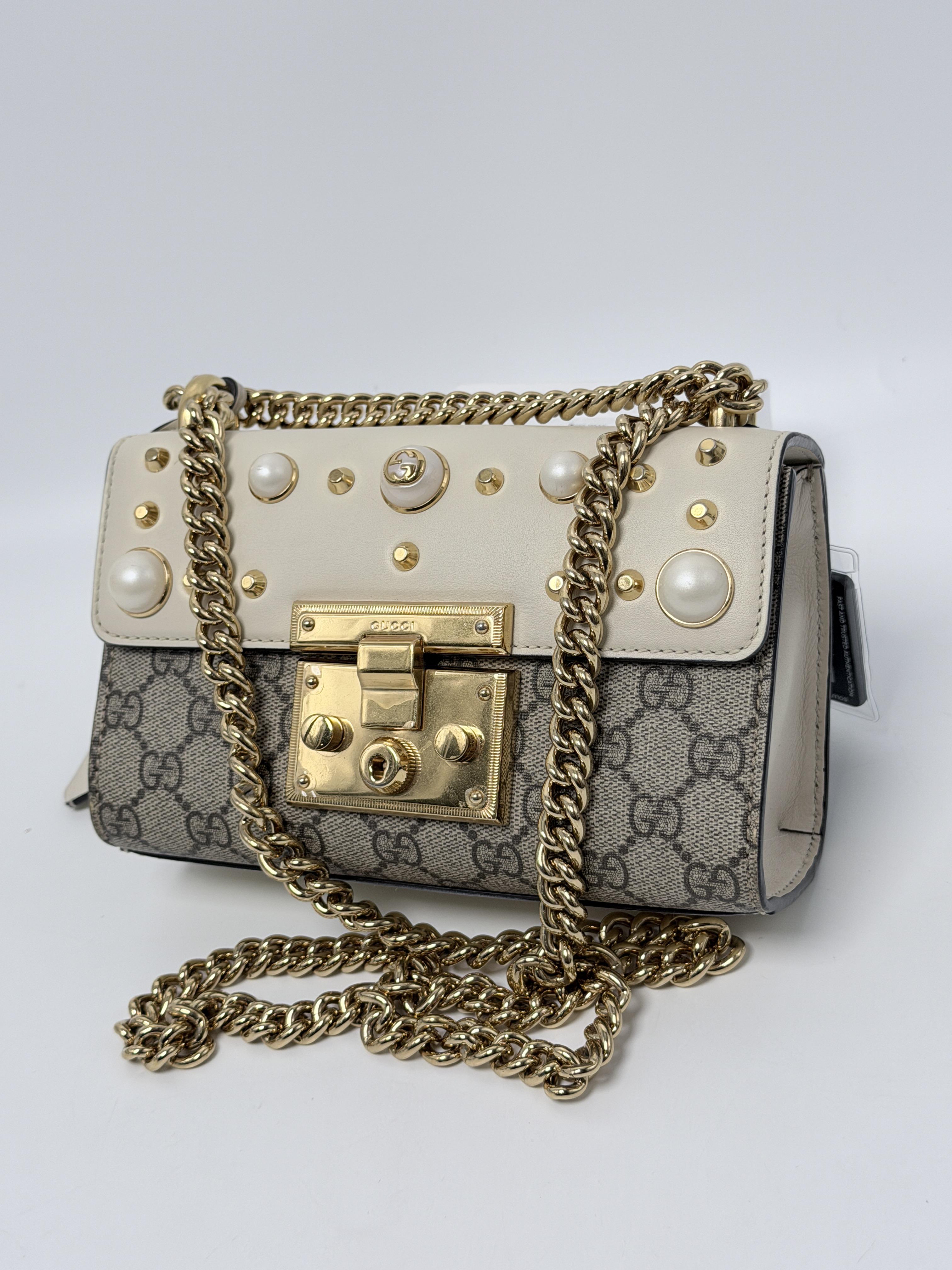 Small Padlock Faux Pearl Studded Crossbody Flap Bag GHW JD1026GG