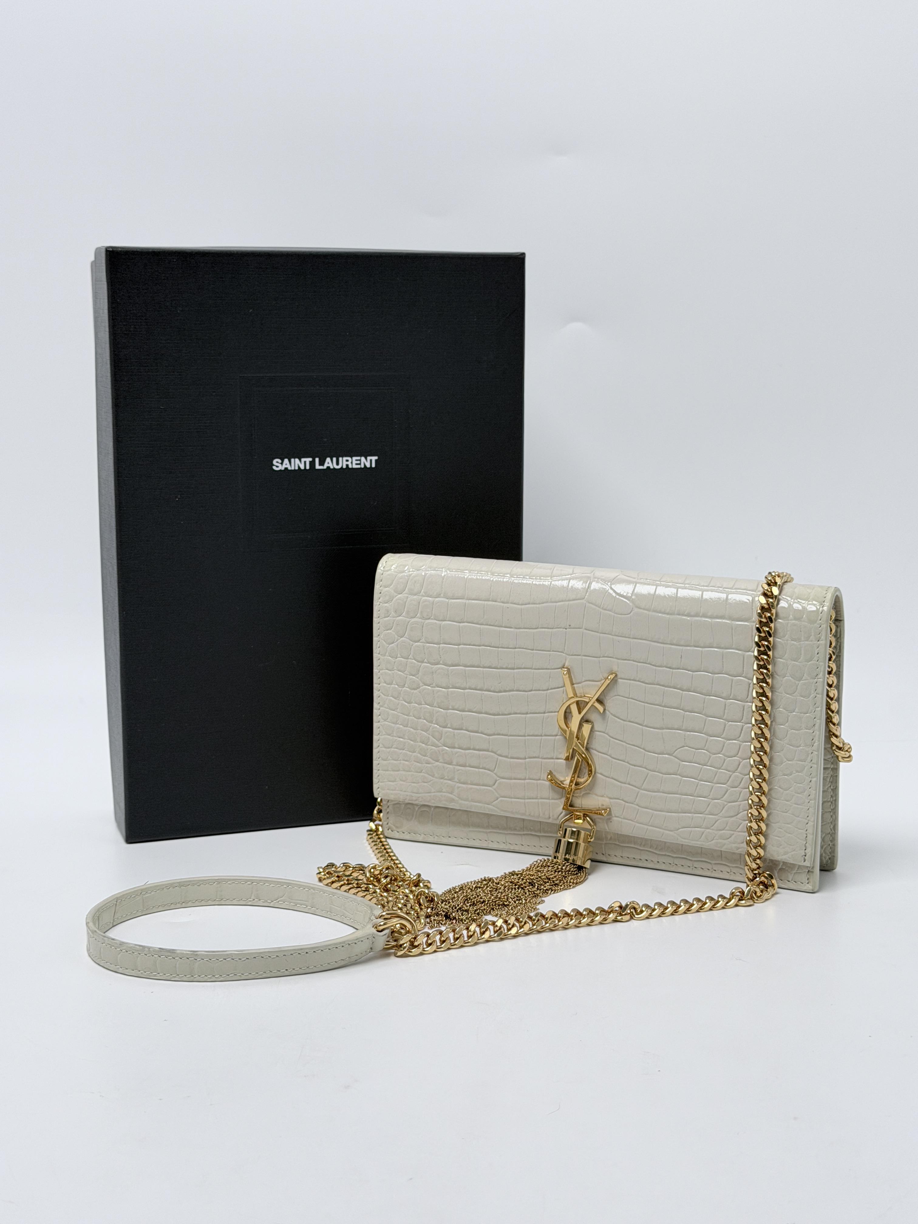 Saint Laurent White Embossed Kate Medium Tassel Shoulder Handbag Clutch JP005YS