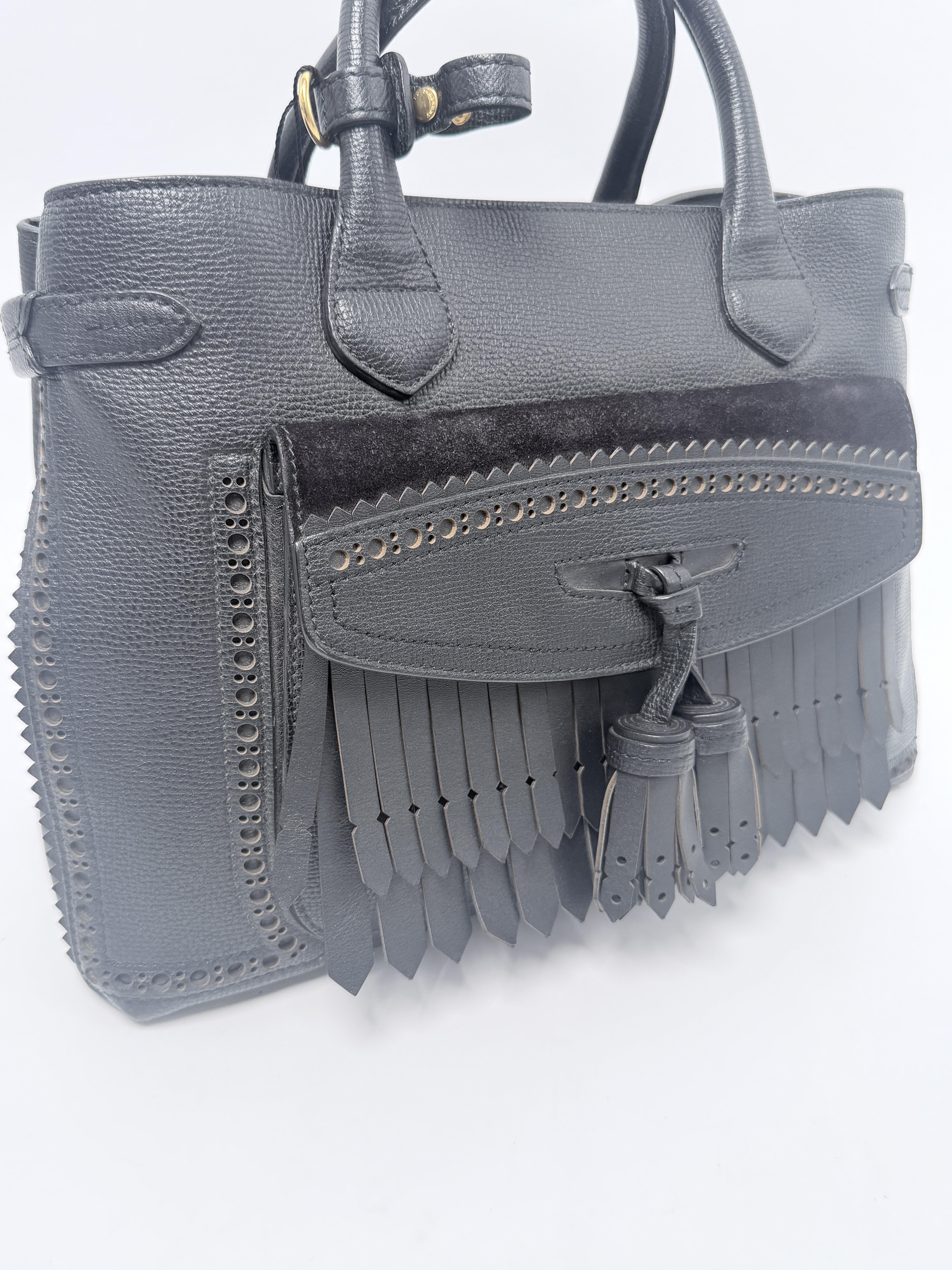 Medium Banner Tote Black Fringed Brogue Satchel Bag JD1333BR