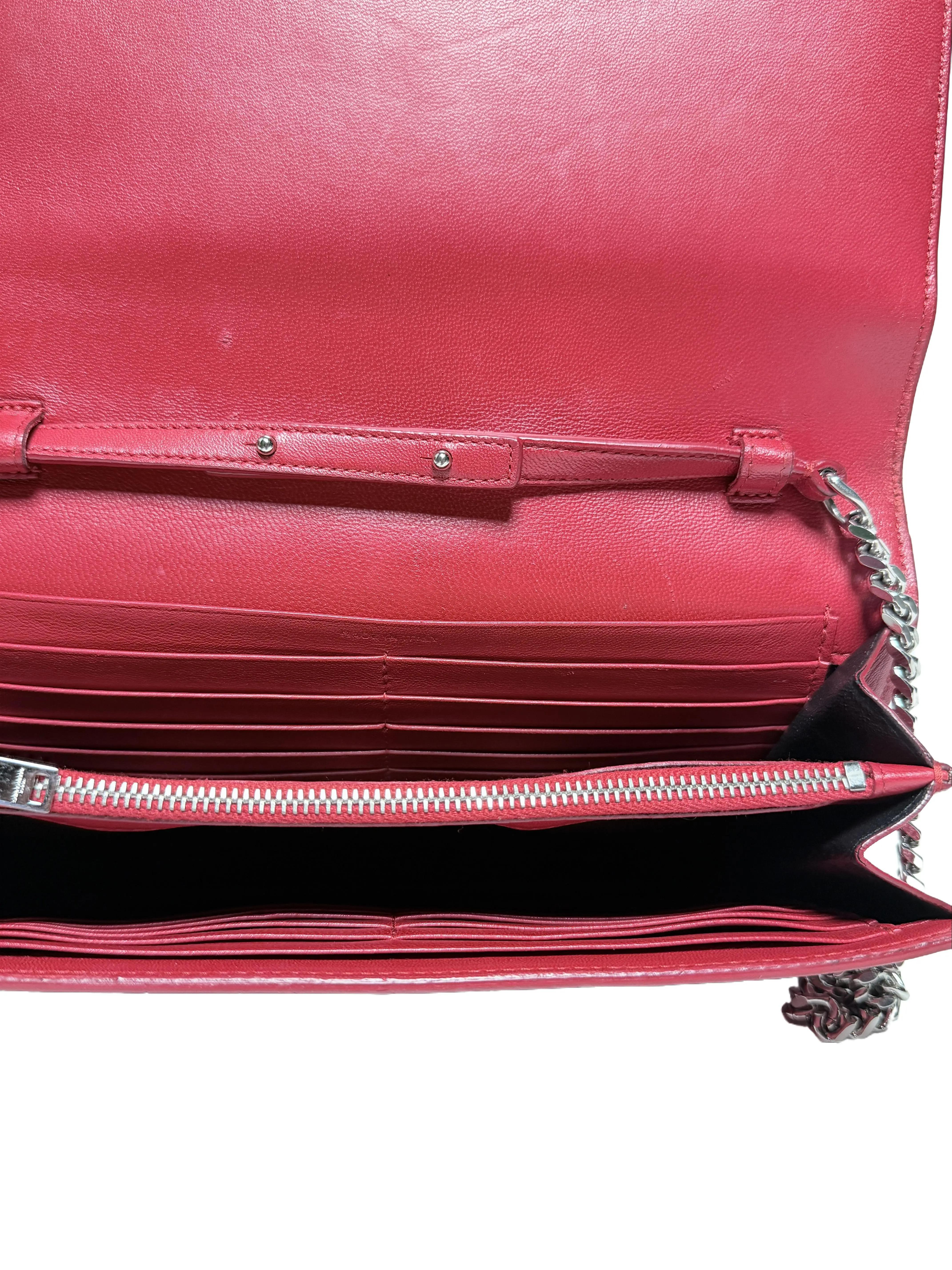 Pre-owned Yves Saint Laurent Leather Shoulder Bags Authentic Saint Laurent YSL Monogram Kate Tassel Chain Crossbody Clutch Fluo Pink Croc Embossed JXYSL3