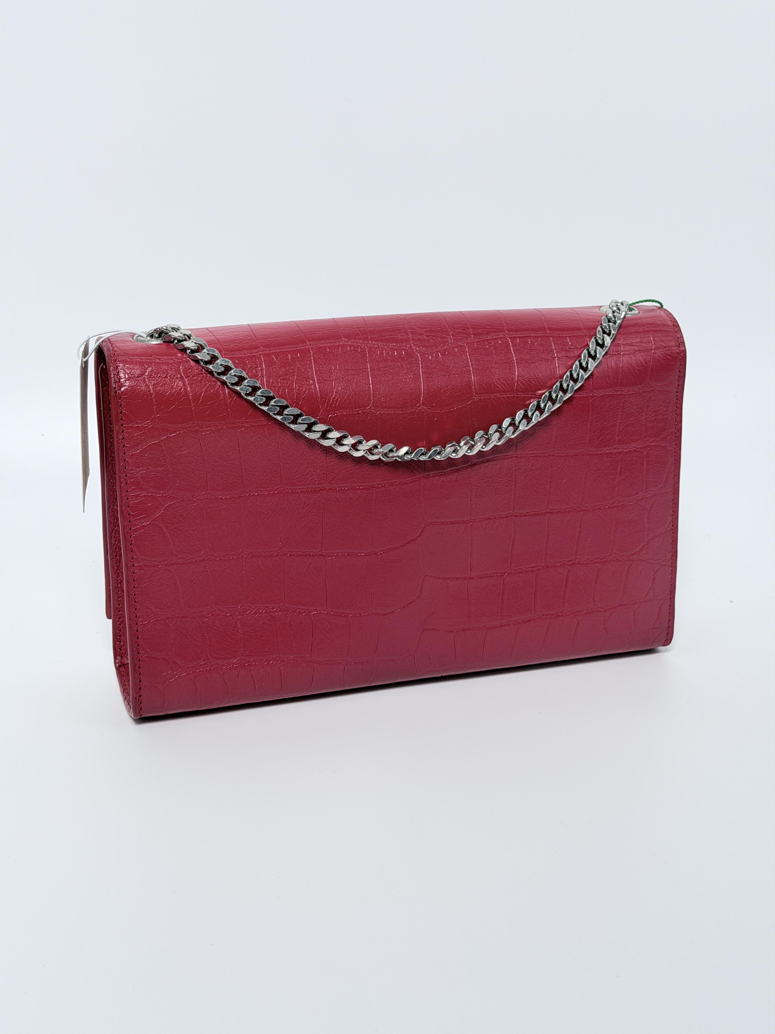 Pre-owned Yves Saint Laurent Leather Crossbody Bags Authentic Saint Laurent Kate Tassel Croc Embossed Chain Wallet in Pink Crossbody Bag SH065YS