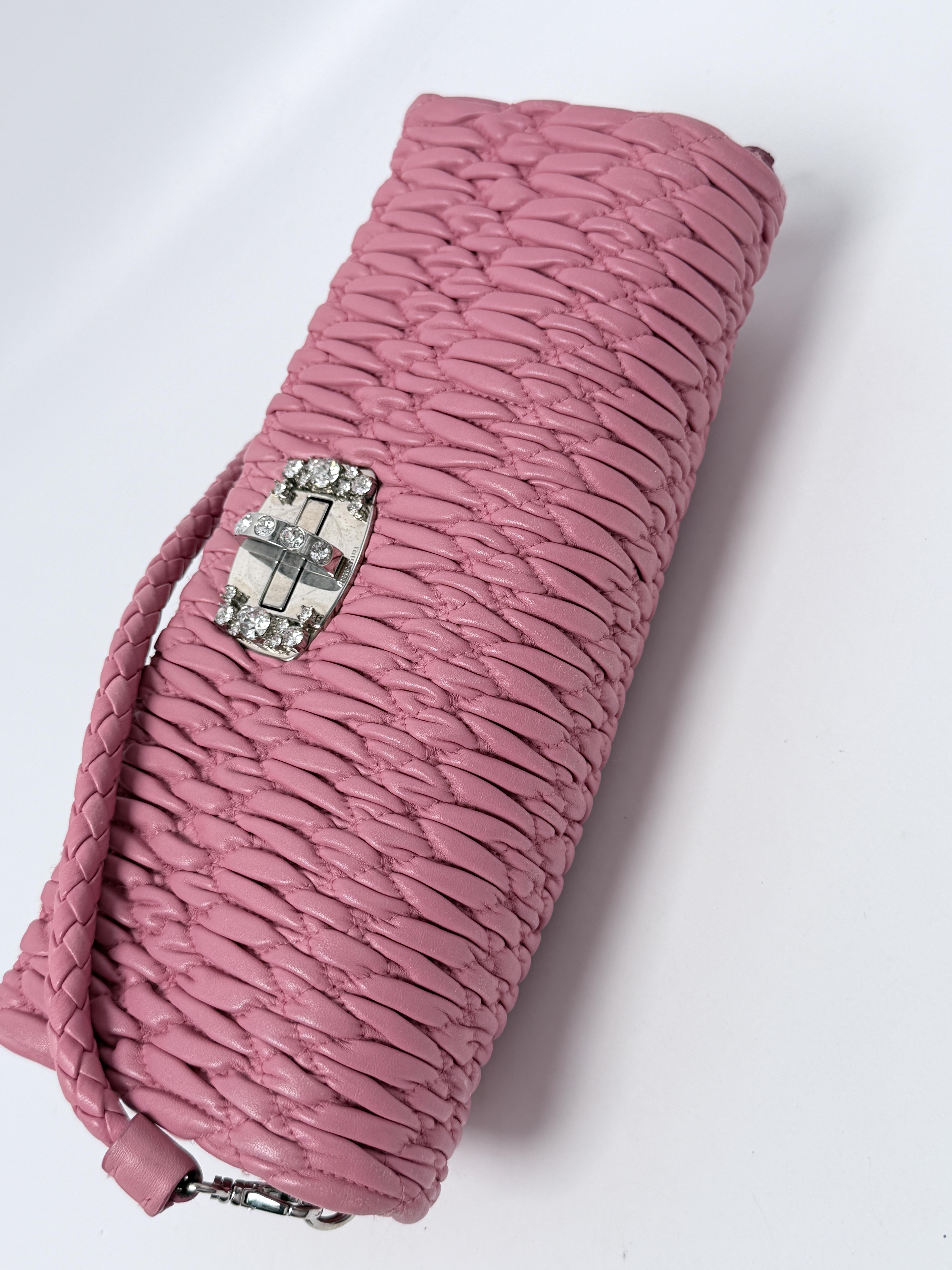 Pink Cloqué Nappa Miu Crystal Shoulder Bag with Jeweled Strap XU007MM