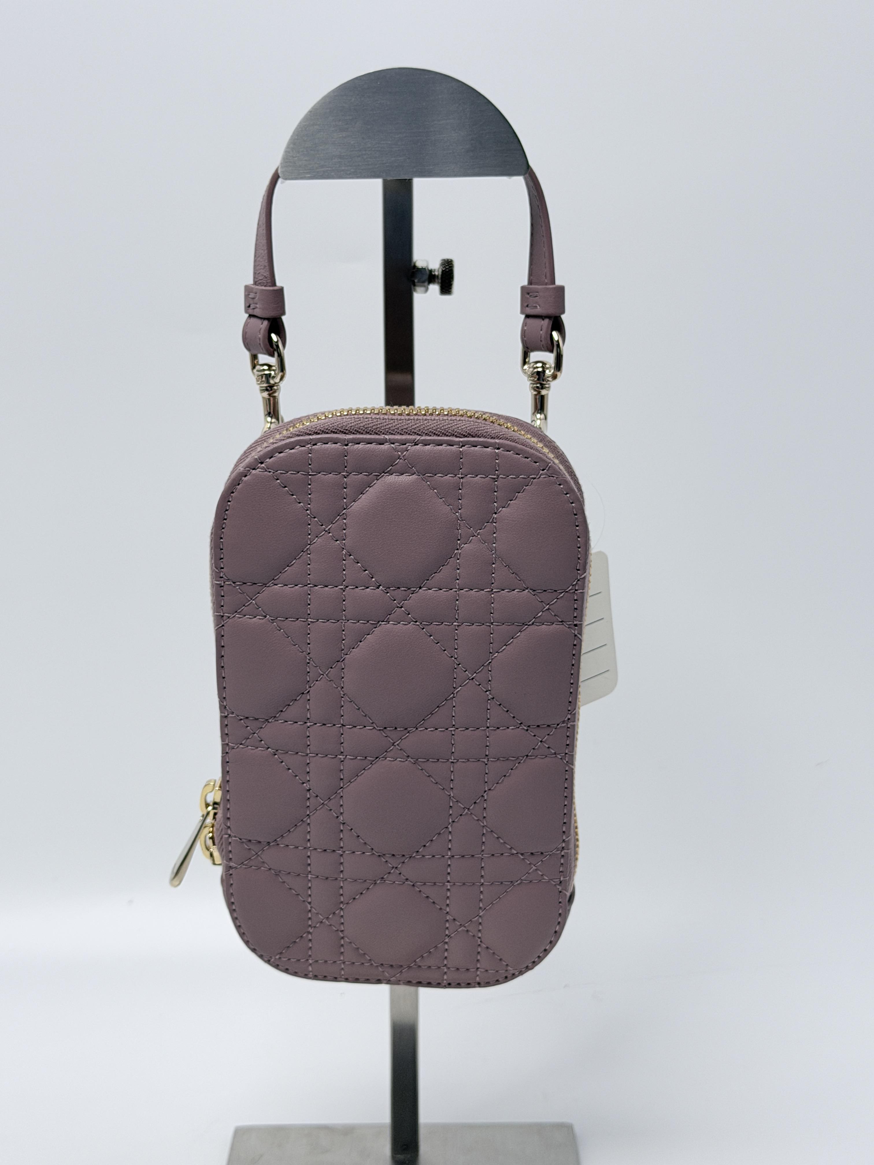 Lady Phone Holder Mauve Cannage Lambskin Gold Chain Crossbody Bag JP002DR