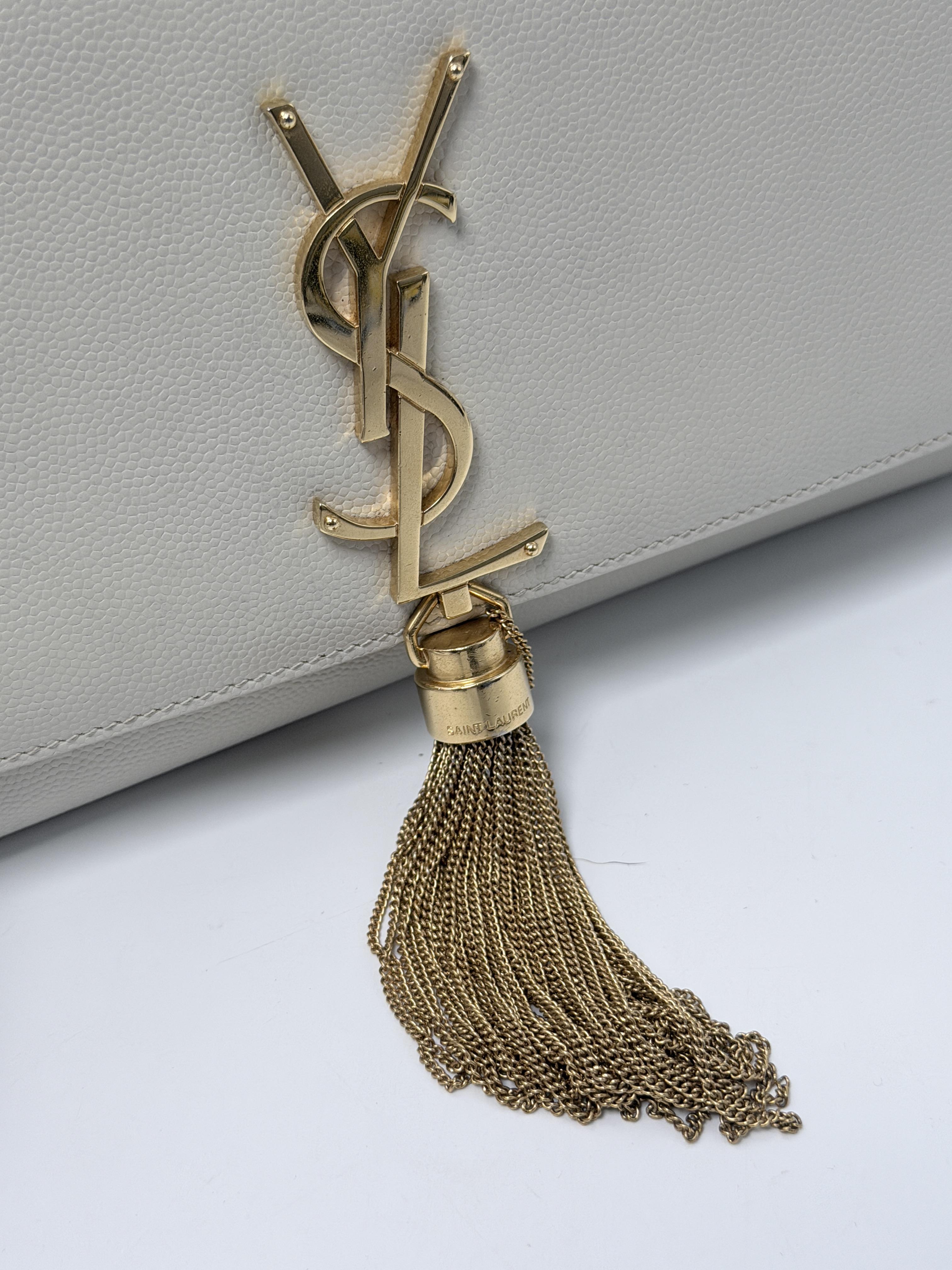 Saint Laurent Kate Tassel Medium Grain de Poudre Chain Shoulder Bag Grey JD1512Y