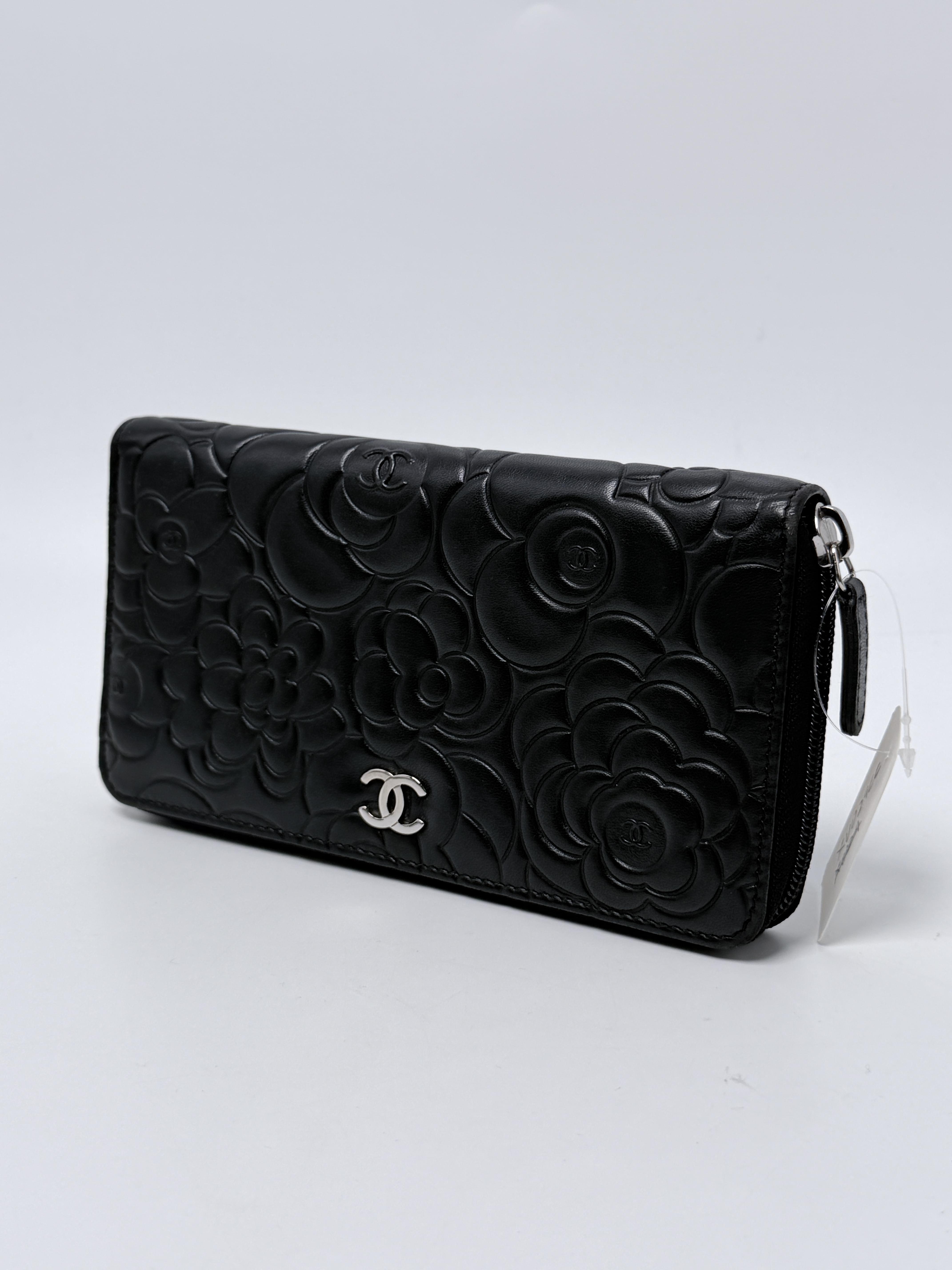Camellia Embossed Zip Around Long Wallet Black Silver CC XU029CC