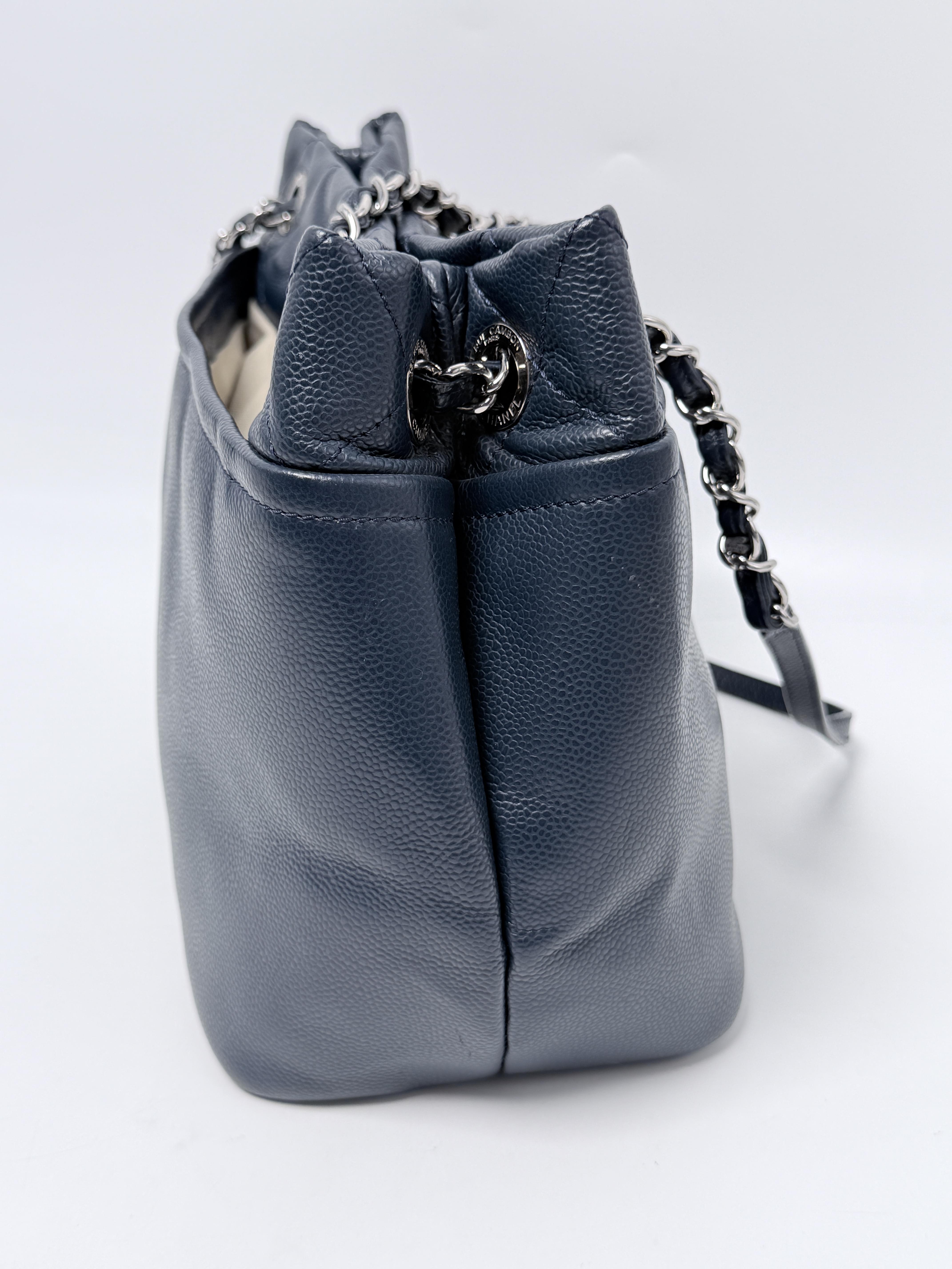 Timeless CC Soft Shopping Tote Quilted Caviar Leather Shoulder Bag Navy XU009CC