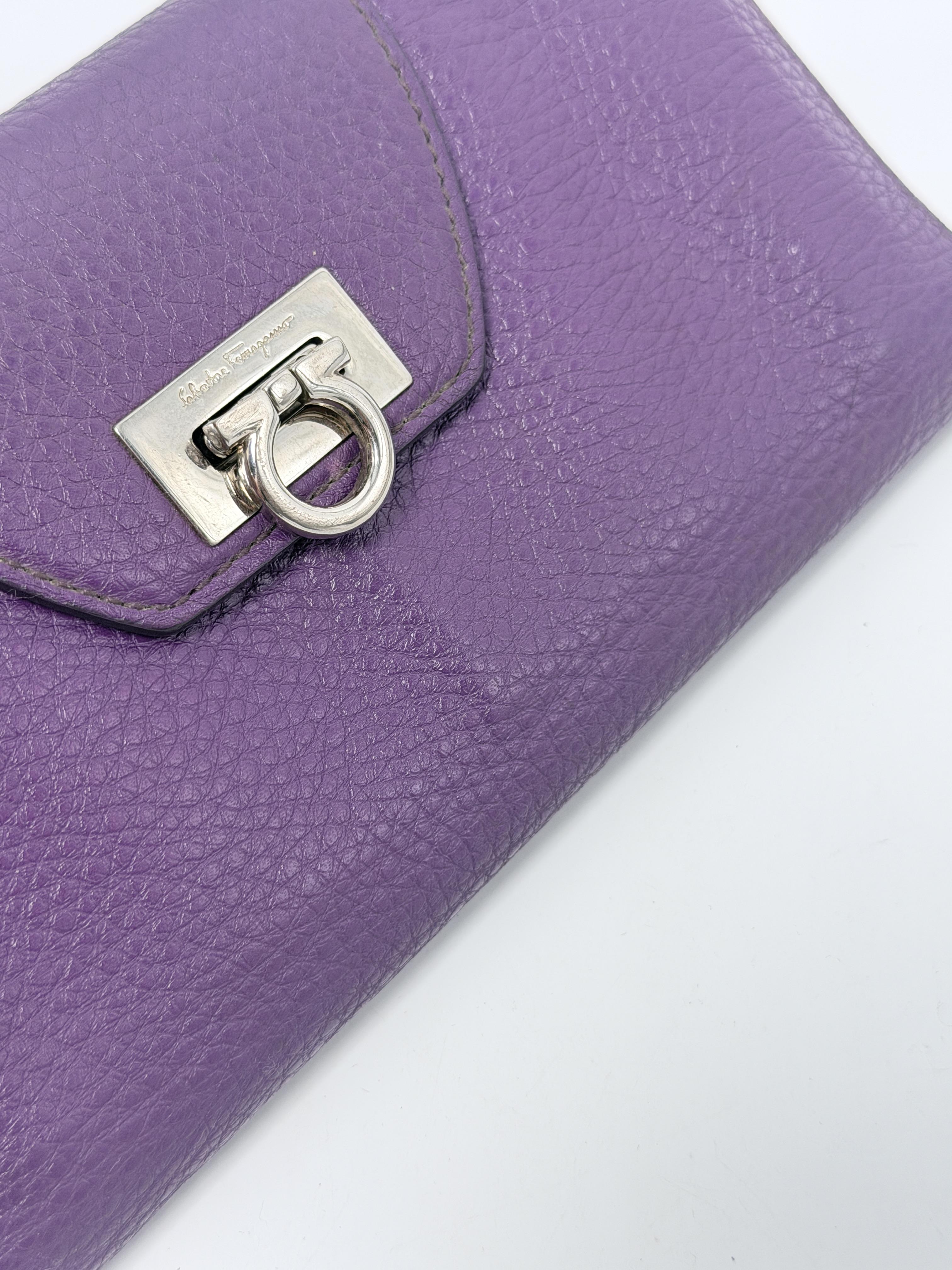 Ferragamo Gancini Long Wallet Purple Pebbled Continental Flip Lock JD1394FG