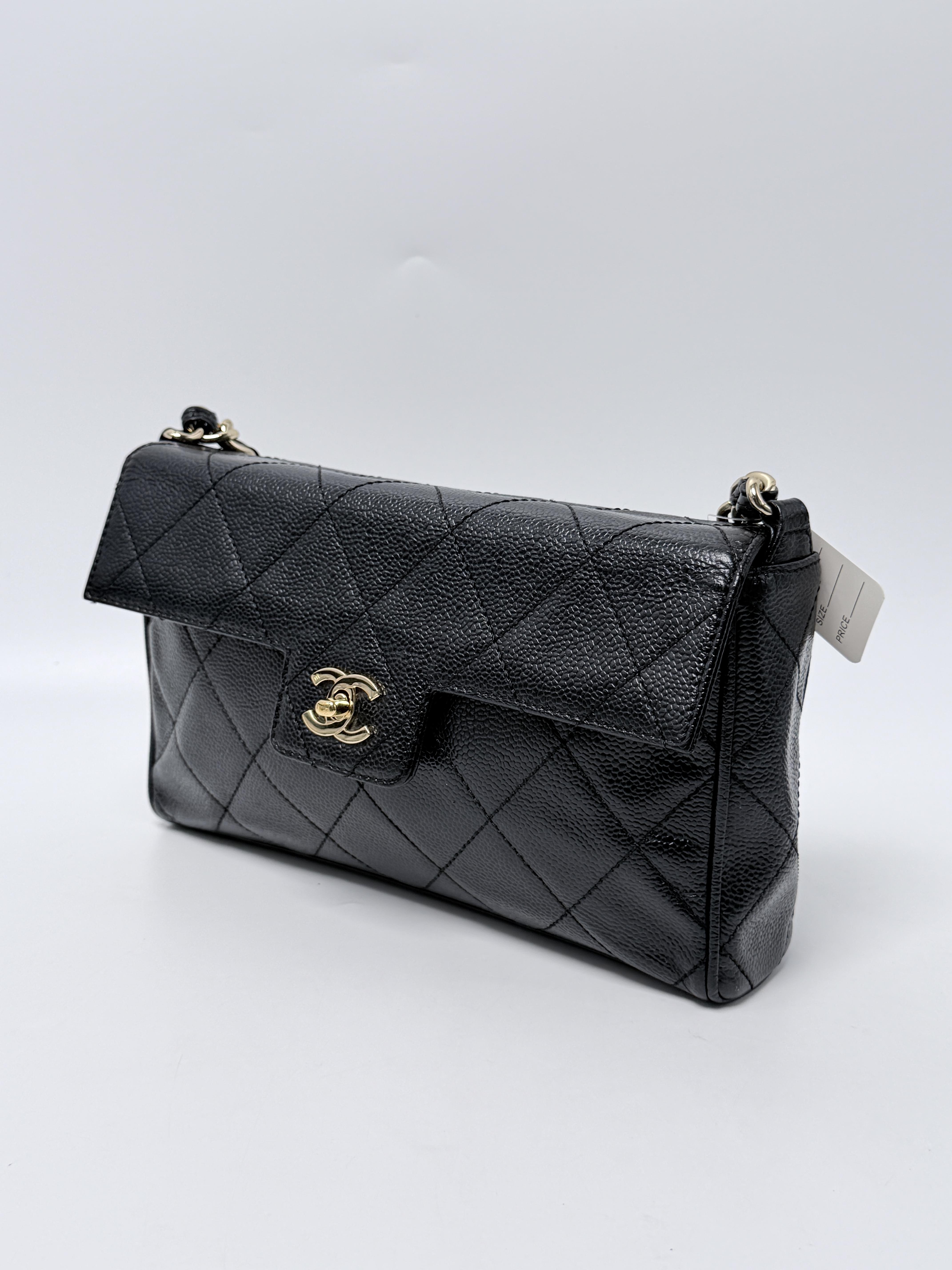 East West Flap Black Caviar Quilted Light Gold Shoulder Bag JP003CC