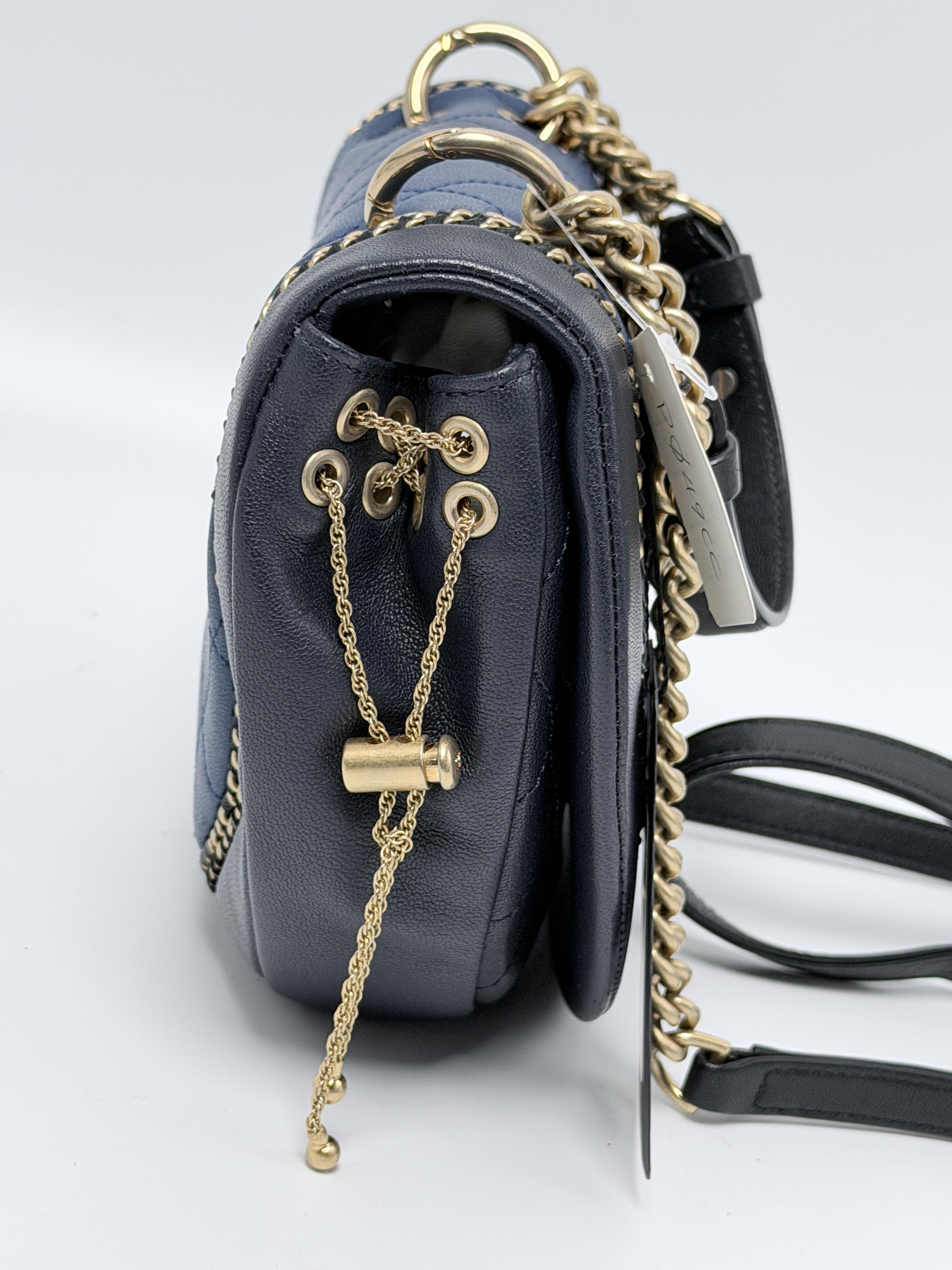 Chain Detail Small Saddle Bag Blue Lambskin Gold Hardware P049CC
