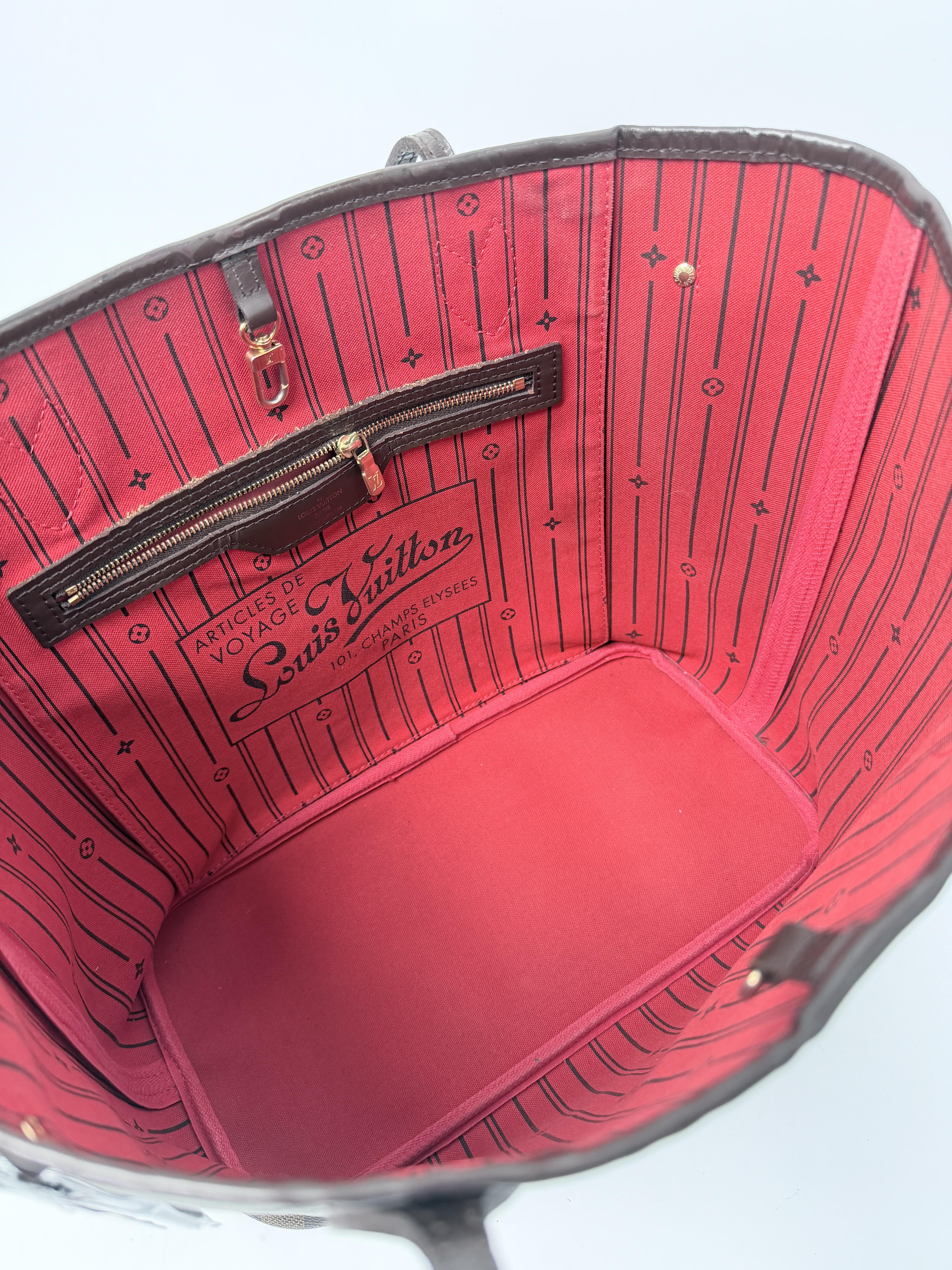 Damier Ebene Neverfull MM Tote Bag Shoulder Handbag Red Interior JE806LV