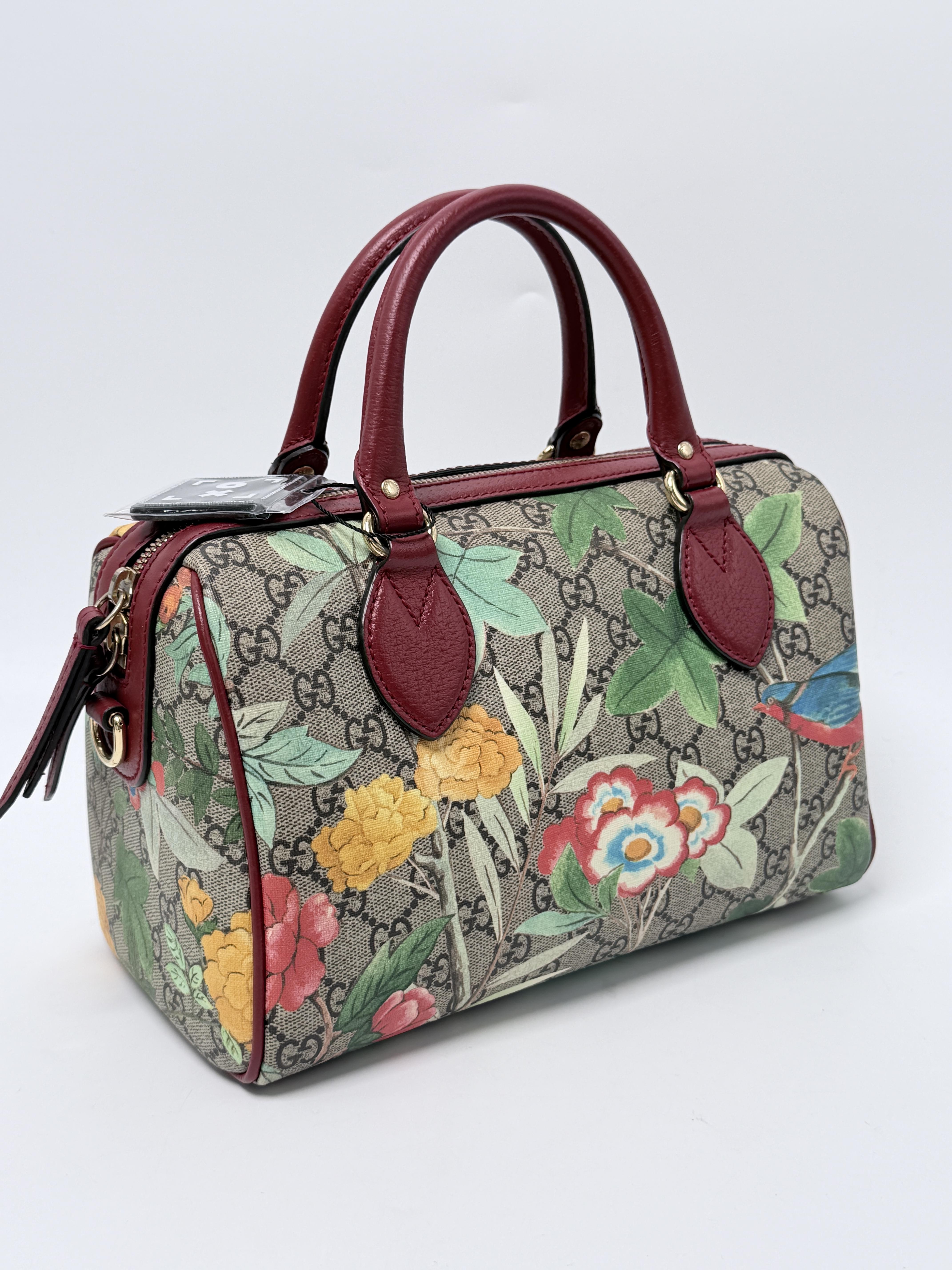 GG Supreme Tian Boston Bag Small Floral Bird Red Handle Handbag JD1591GG