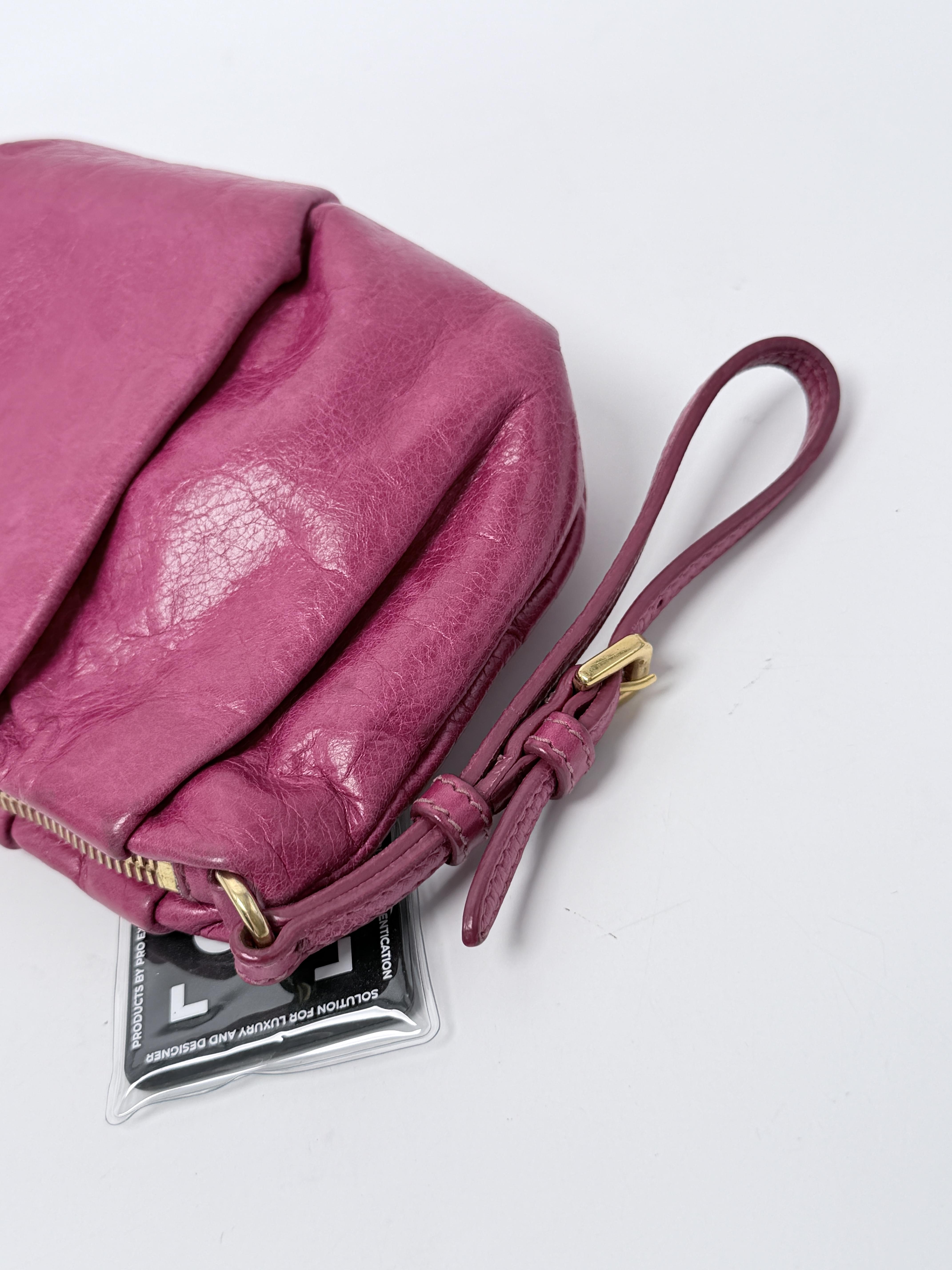 Peonia Fuchsia Pink Vitello Shine Pleated Bow Wristlet Clutch Bag JD1658PR