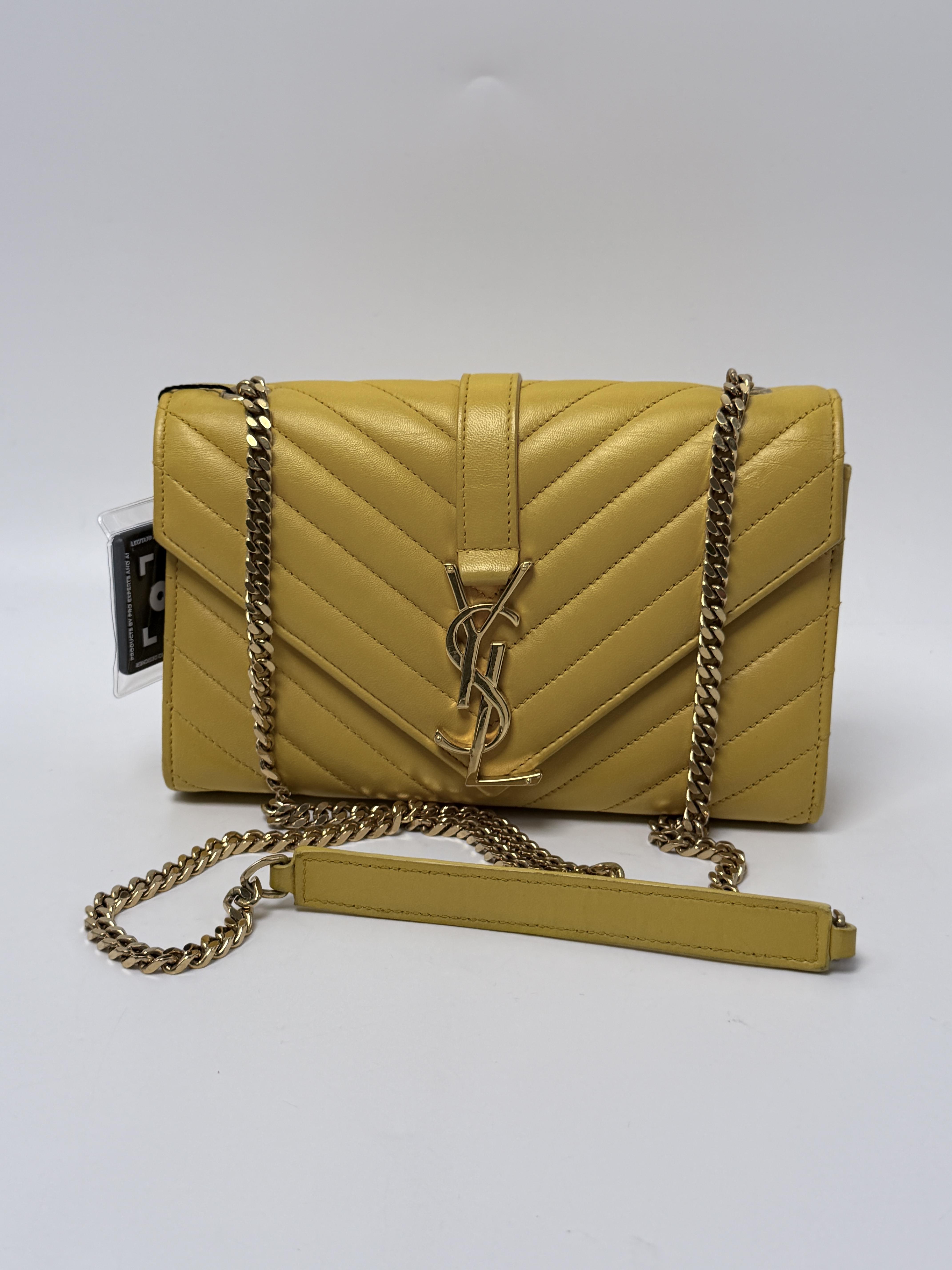 Saint Laurent Cassandre Matelasse Envelope Chain Wallet Mustard Yellow JD1521Y