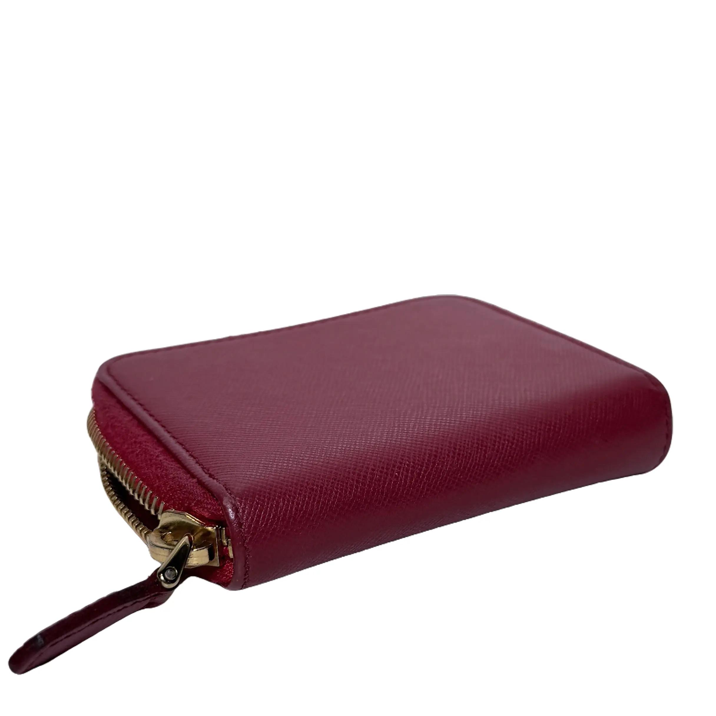 Pre-owned PRADA leather Small Leather Goods Authentic Saffiano Zippy Coin Purse Scarlet Red Mini with Moiré Lining & Gold Tone Hardware DE PR1