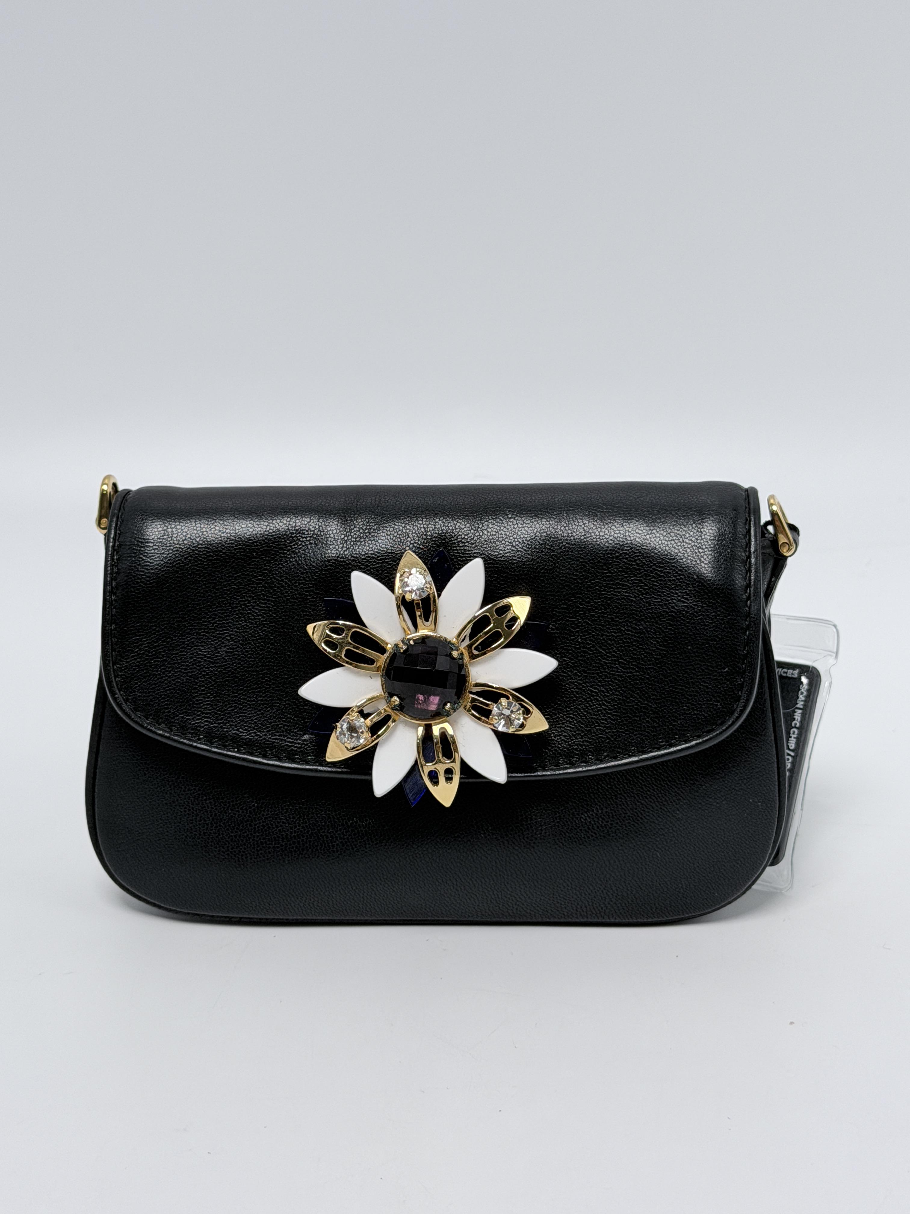 Flower Embellished Black Leather Mini Crossbody Bag JD1314MM