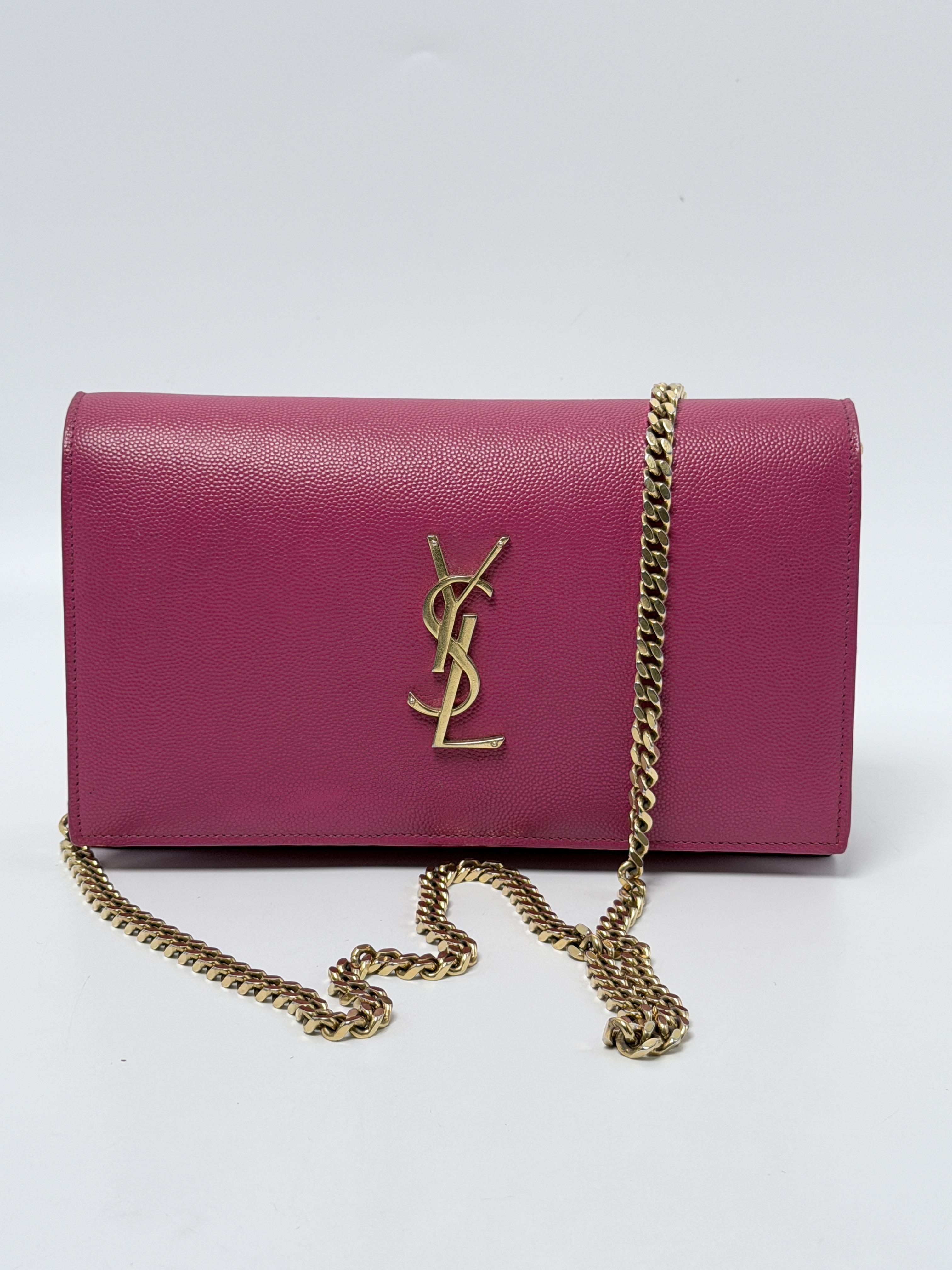 Saint Laurent YSL Medium Kate Grain De Poudre Chain Shoulder Bag Fuchsia JD1212Y