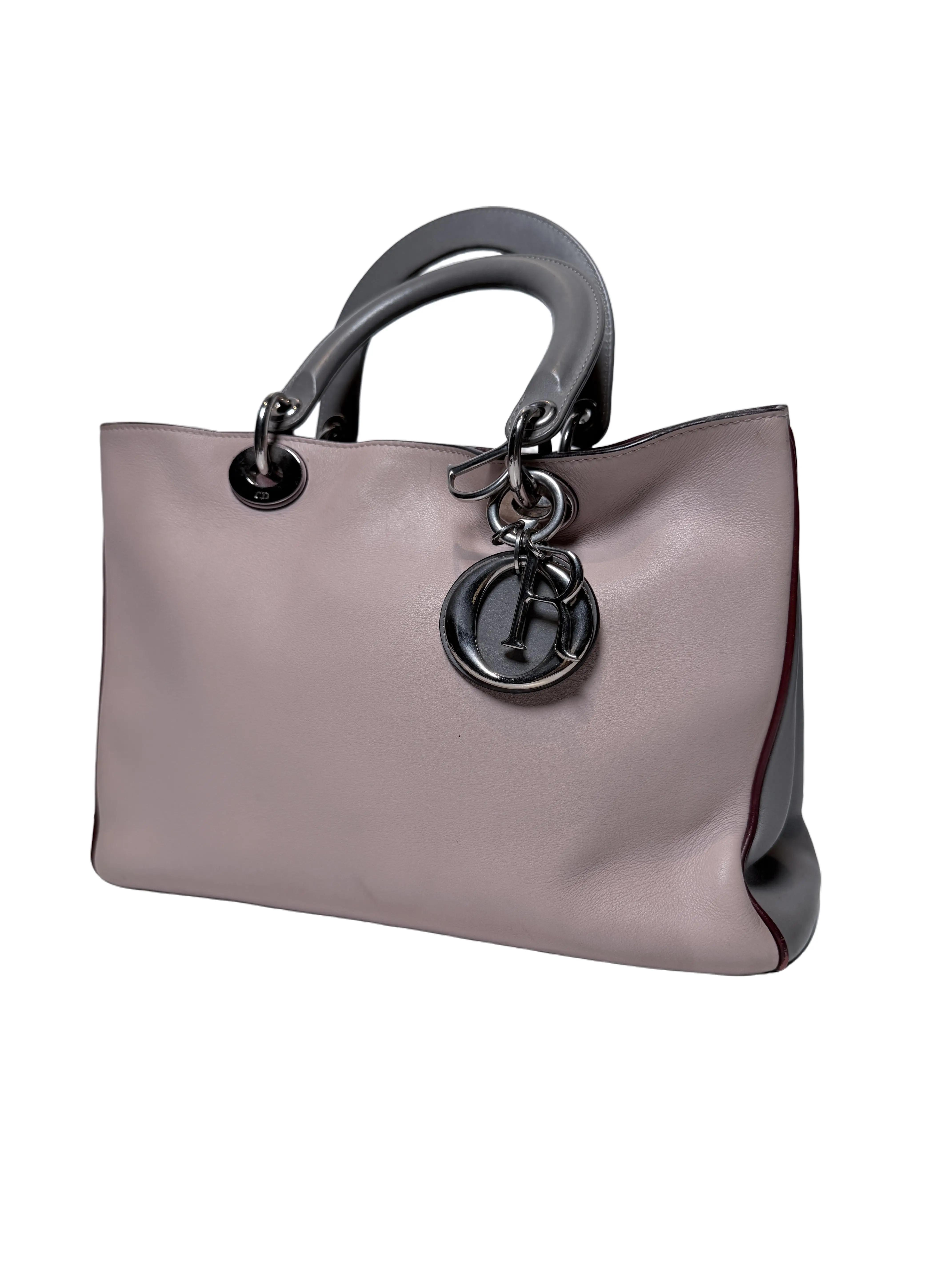 Pre-owned Dior Leather Tote Bags Christian Tri Color Diorissimo Tote Pink Grey Handbag DR8JX