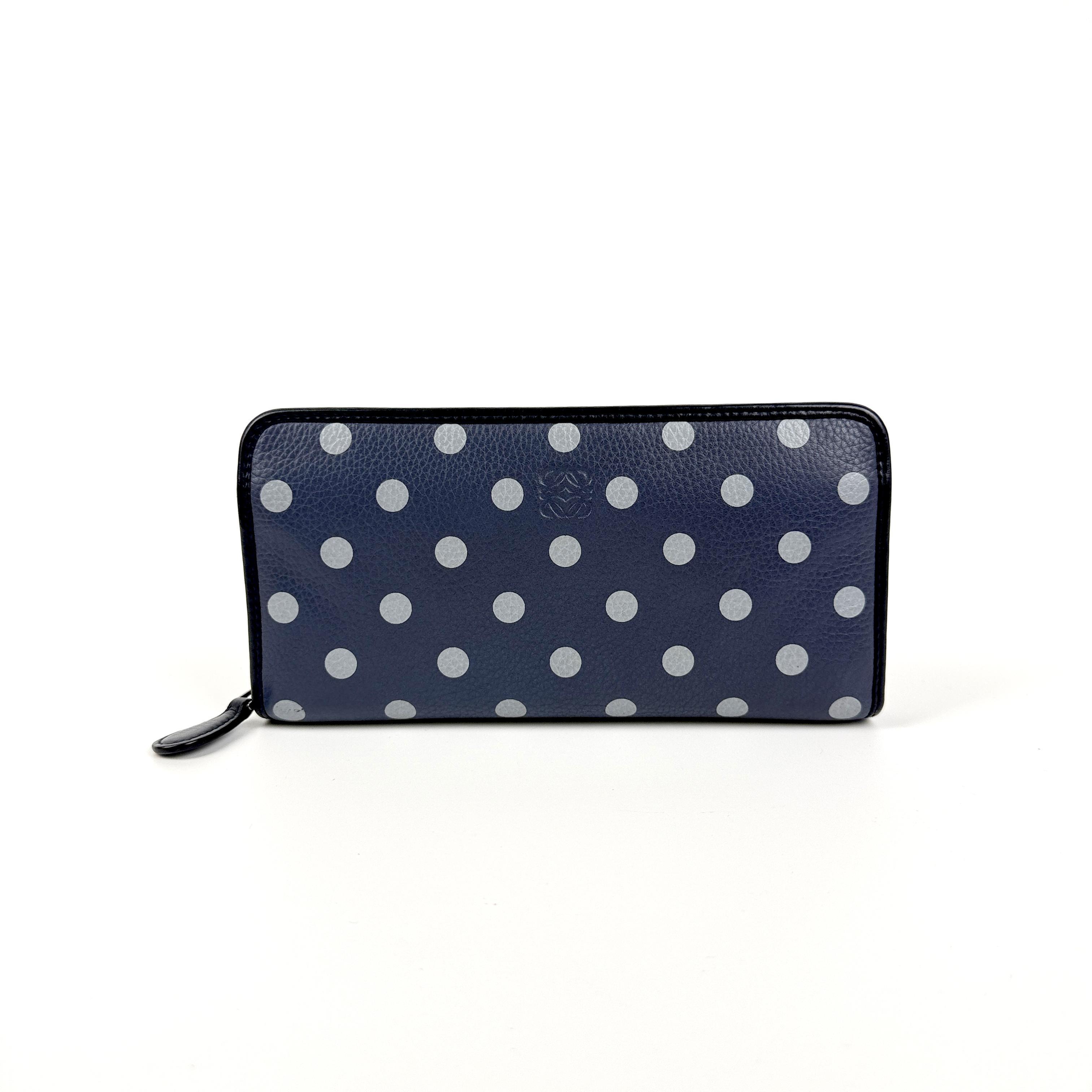 Pre-owned Loewe Leather Clutches & Wristlets Dark Blue Polka Dot Long Zip Around Long Wallet SH81